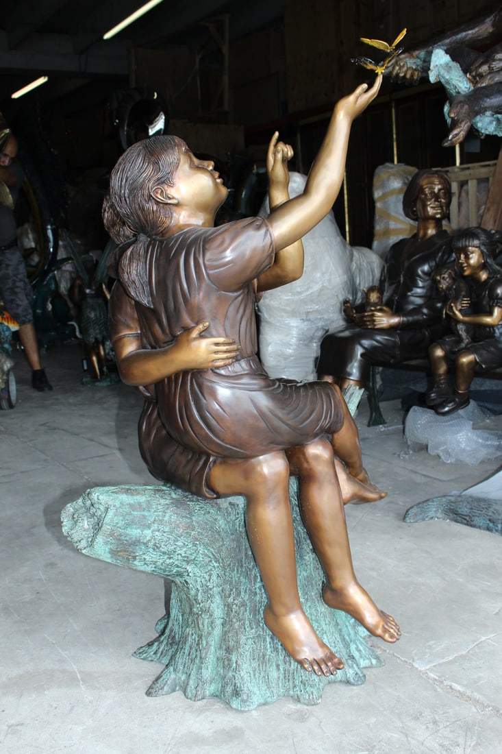 Two Kids Playing with Butterflies Bronze Statue - Size: 30"L x 30"W x 50"H. - 7
