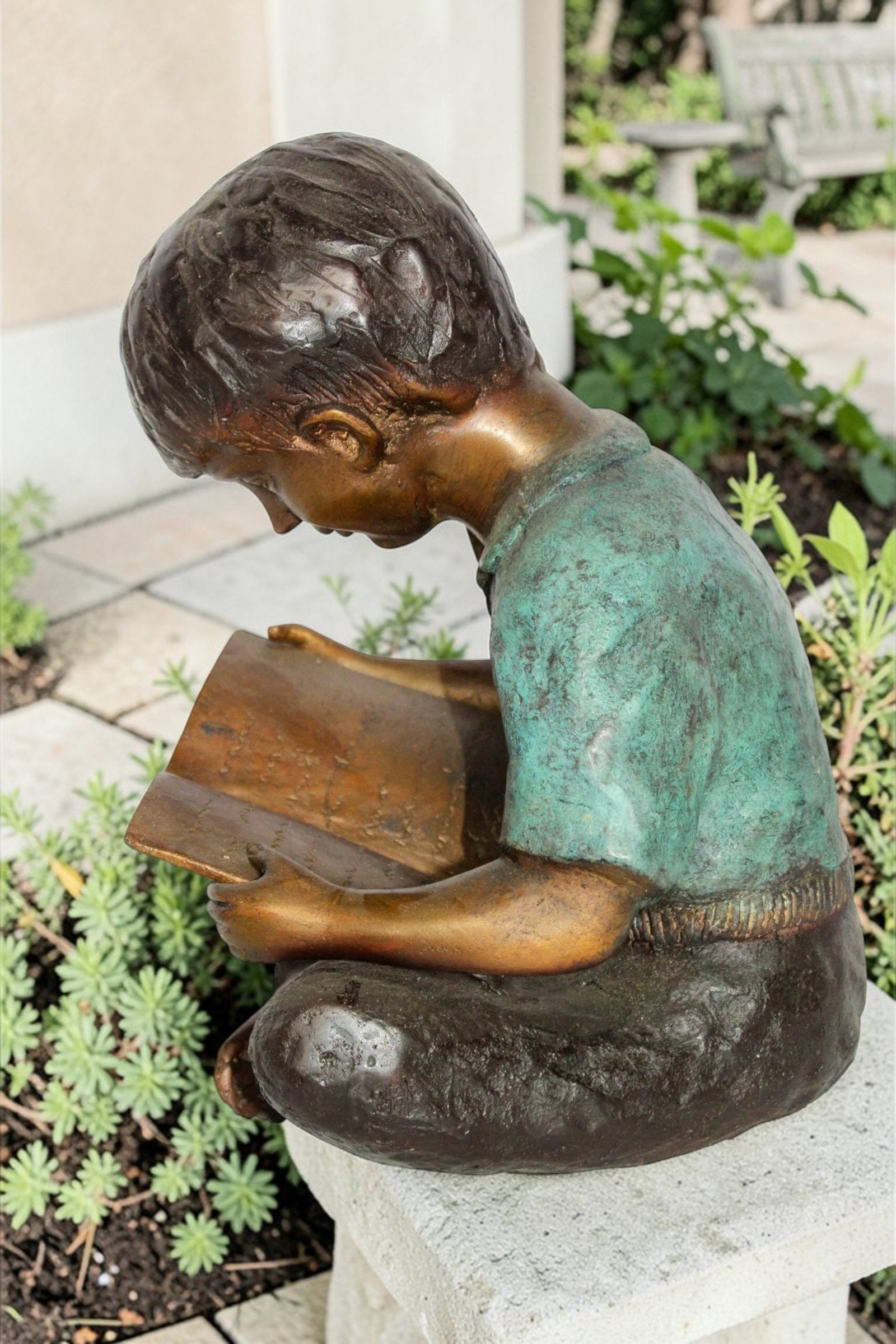 Bronze Boy Reading Statue – Handcrafted Lost Wax Cast Sculpture with Patina Finish, Child Reading - 2