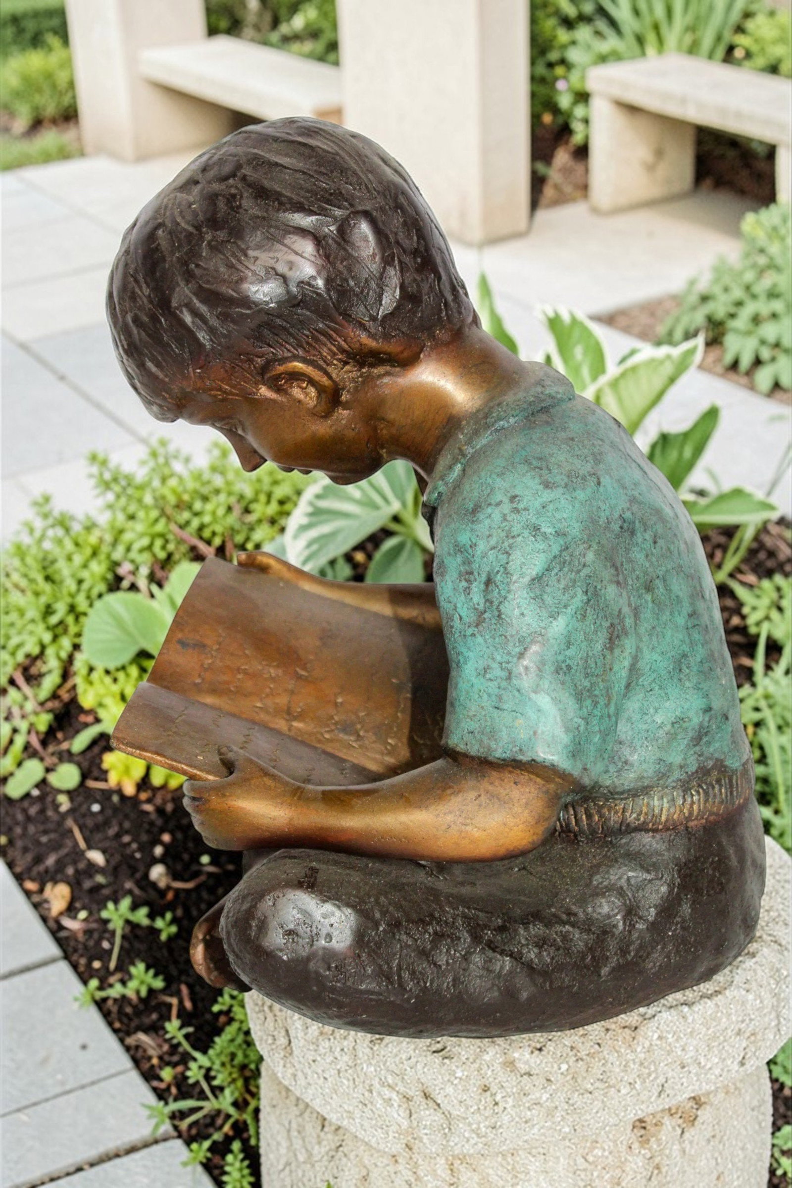 Bronze Boy Reading Statue – Handcrafted Lost Wax Cast Sculpture with Patina Finish, Child Reading - 4