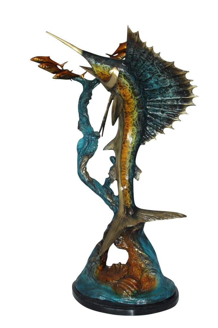 Sailfish With Small Fish Bronze Statue - Size: 29"L x 17"W x 40"H.: Title:Sailfish With Small Fish Bronze Statue - Size: 29"L x 17"W x 40"H. Description:A beautiful standing sculpture, featuring in a natural form swimming Sailfish next to a few little fish. A