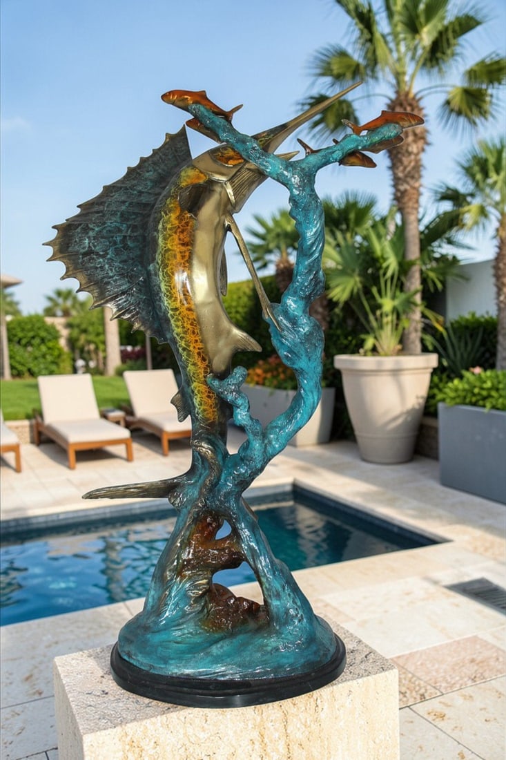 Sailfish With Small Fish Bronze Statue - Size: 29"L x 17"W x 40"H. - 2