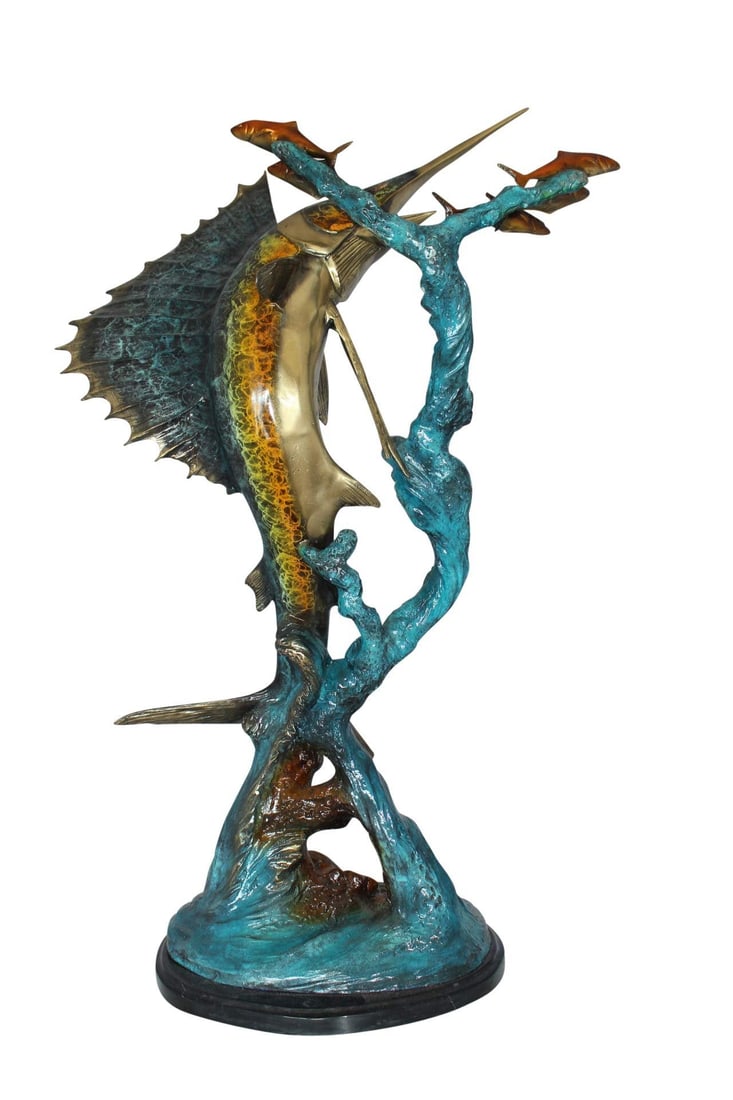 Sailfish With Small Fish Bronze Statue - Size: 29"L x 17"W x 40"H. - 3