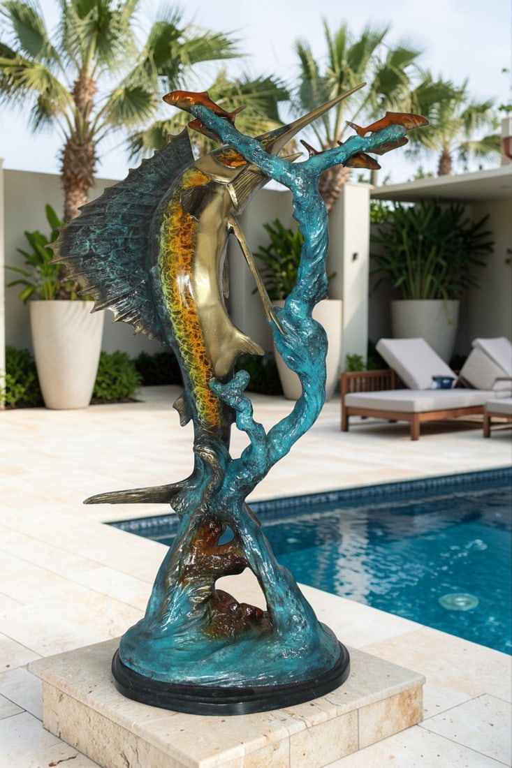 Sailfish With Small Fish Bronze Statue - Size: 29"L x 17"W x 40"H. - 4