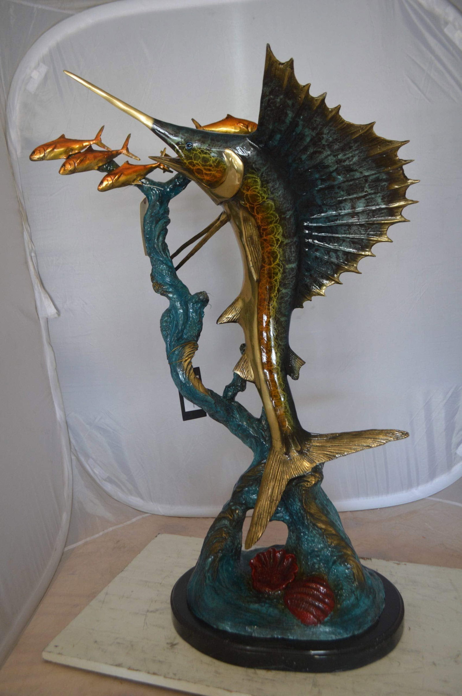 Sailfish With Small Fish Bronze Statue - Size: 29"L x 17"W x 40"H. - 5