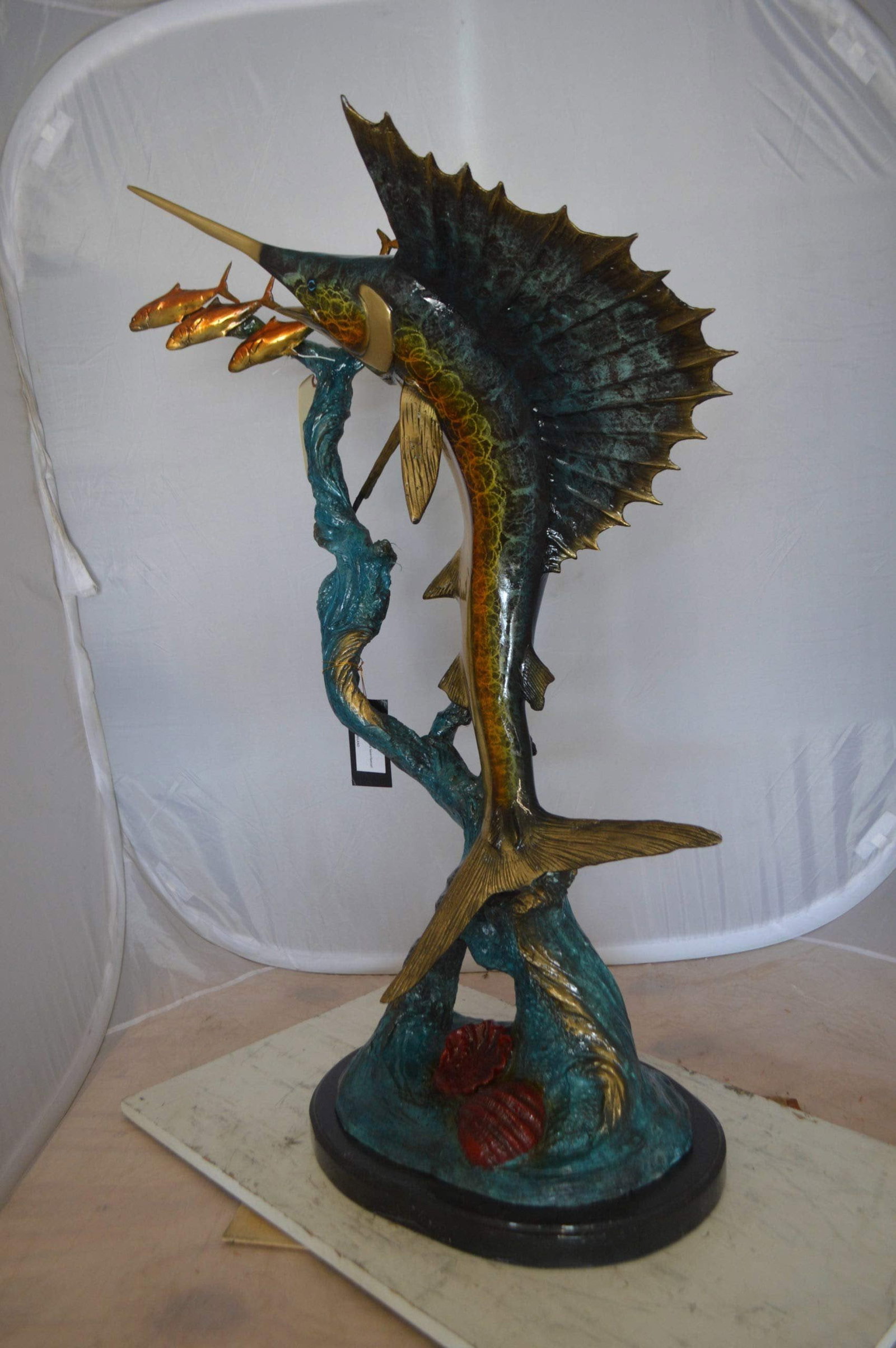Sailfish With Small Fish Bronze Statue - Size: 29"L x 17"W x 40"H. - 7