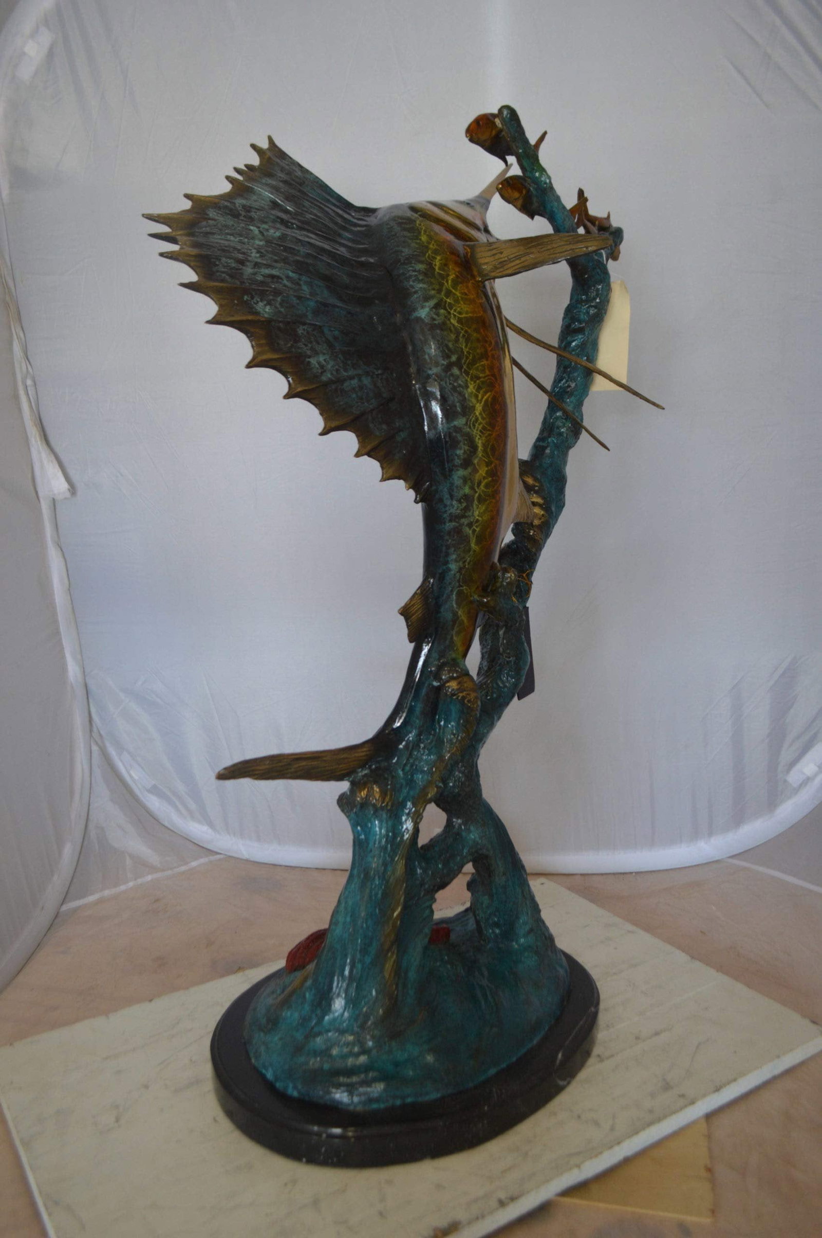 Sailfish With Small Fish Bronze Statue - Size: 29"L x 17"W x 40"H. - 9