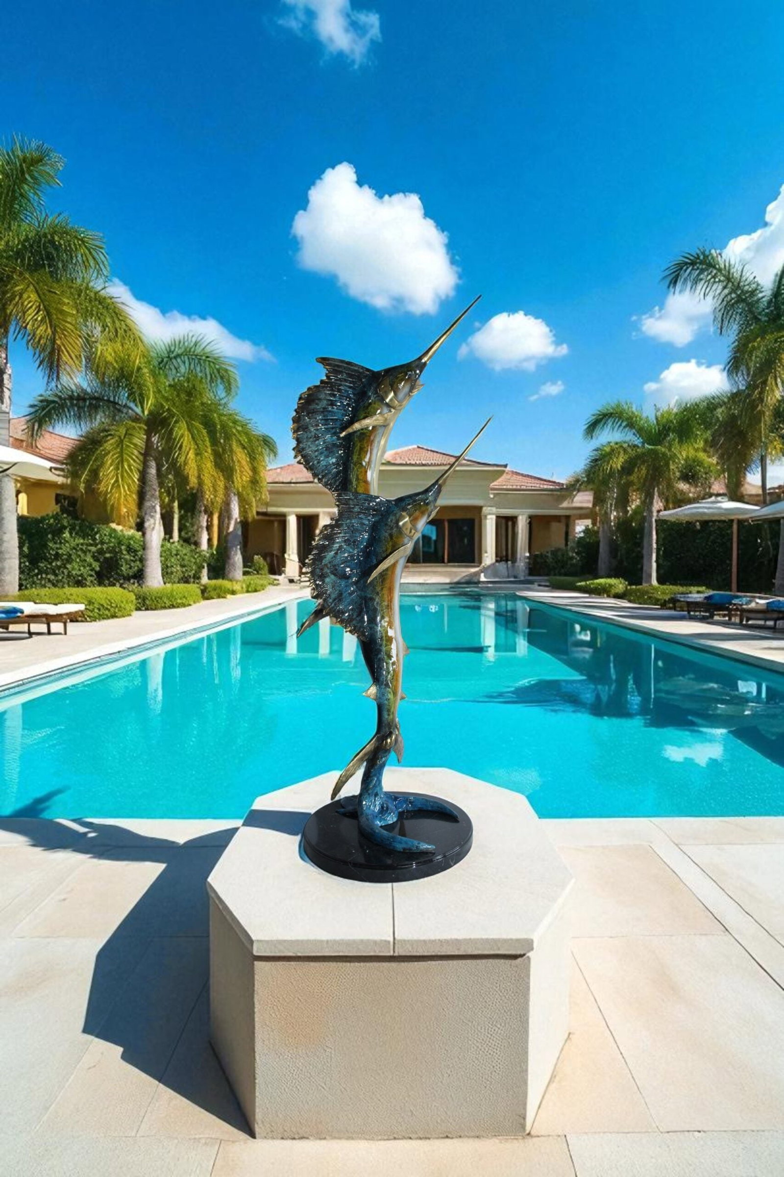 Twin Sailfish Bronze Statue with Vivid Enamel Finish – Handcrafted Ocean Life Sculpture - 17" x - 2