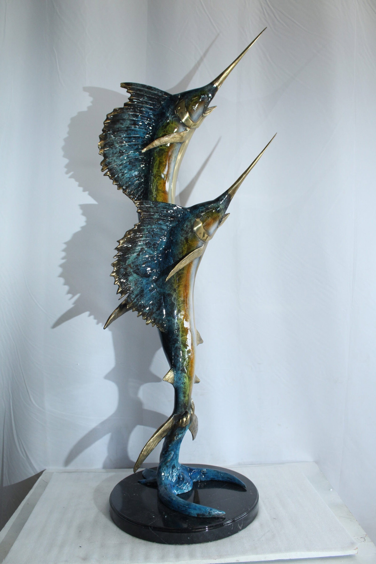 Twin Sailfish Bronze Statue with Vivid Enamel Finish – Handcrafted Ocean Life Sculpture - 17" x - 3