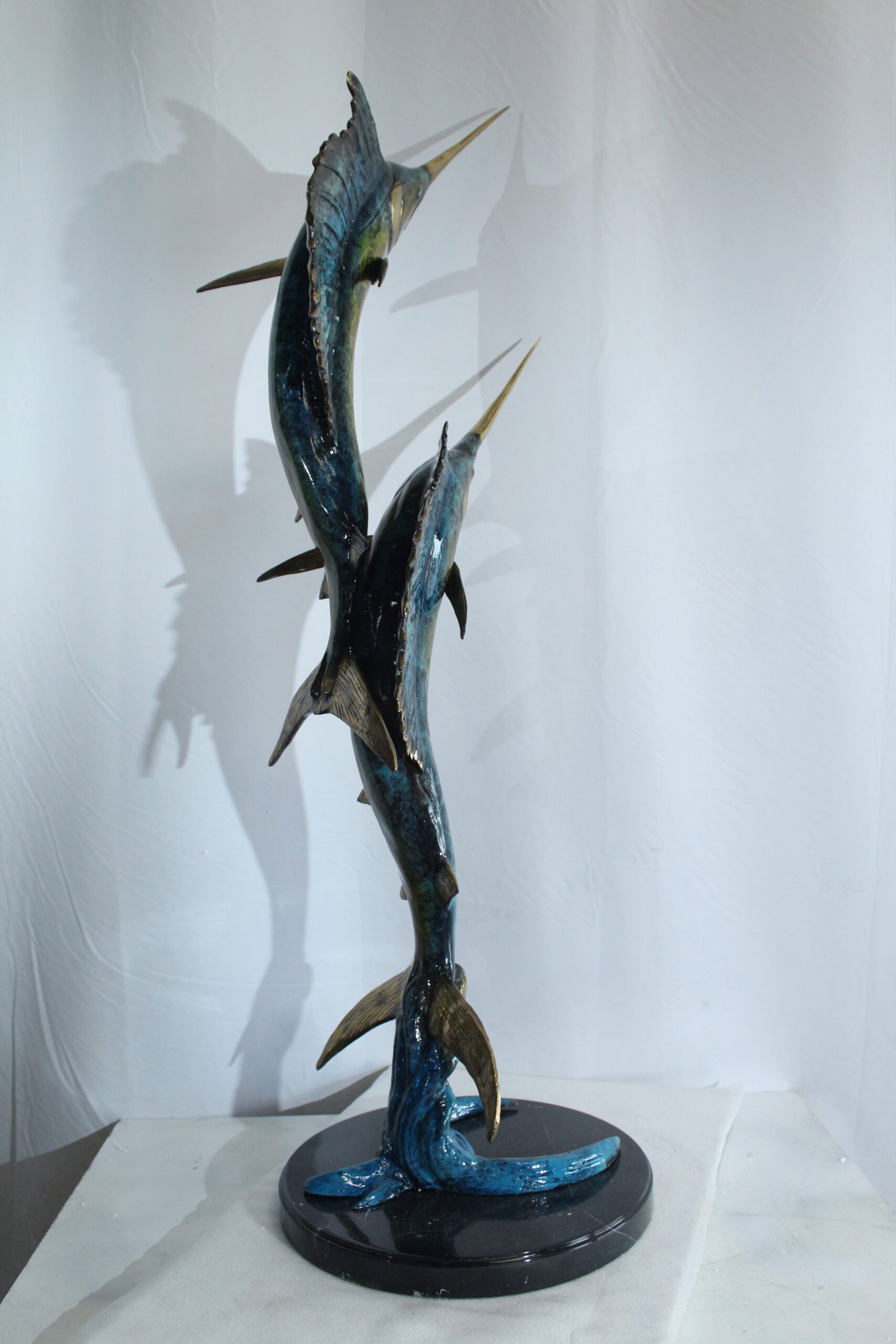 Twin Sailfish Bronze Statue with Vivid Enamel Finish – Handcrafted Ocean Life Sculpture - 17" x - 4