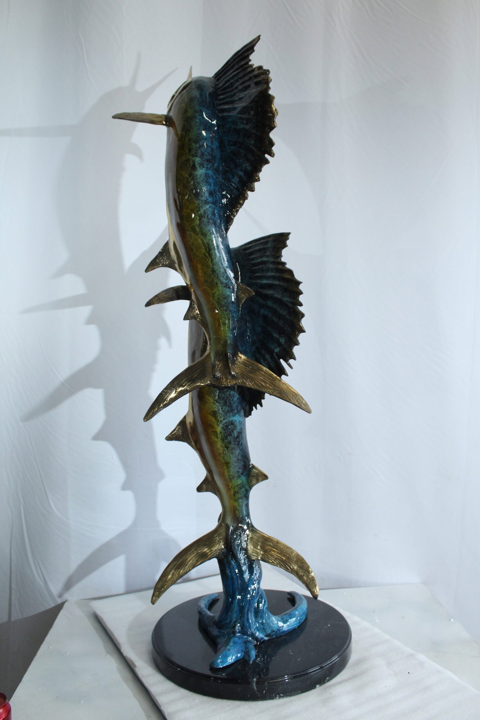 Twin Sailfish Bronze Statue with Vivid Enamel Finish – Handcrafted Ocean Life Sculpture - 17" x - 5