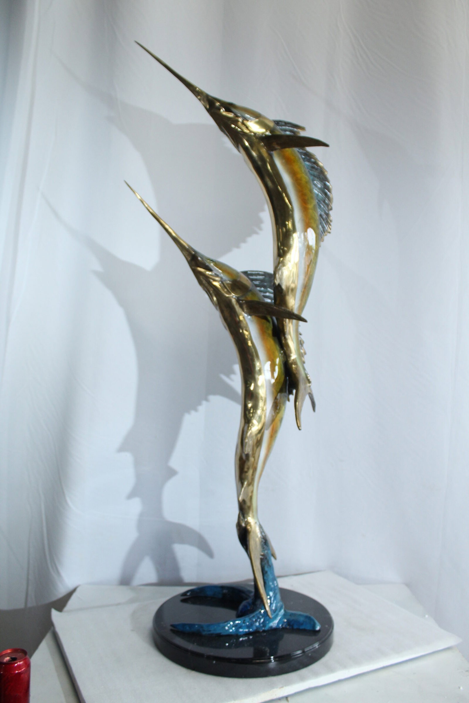 Twin Sailfish Bronze Statue with Vivid Enamel Finish – Handcrafted Ocean Life Sculpture - 17" x - 7