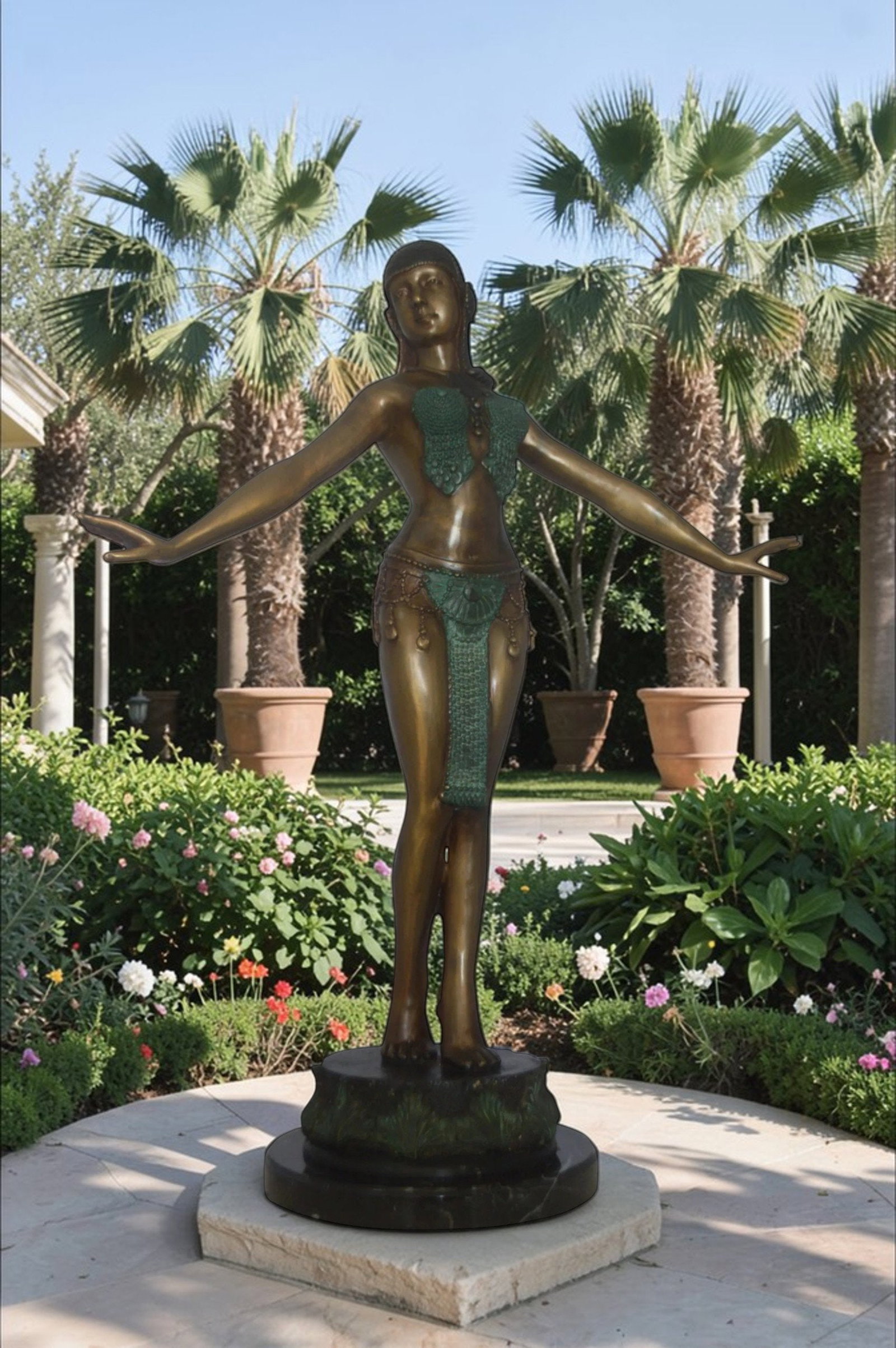 Belly Dancer Performing Bronze Statue - Size: 32"L x 8"W x 41"H. - 2