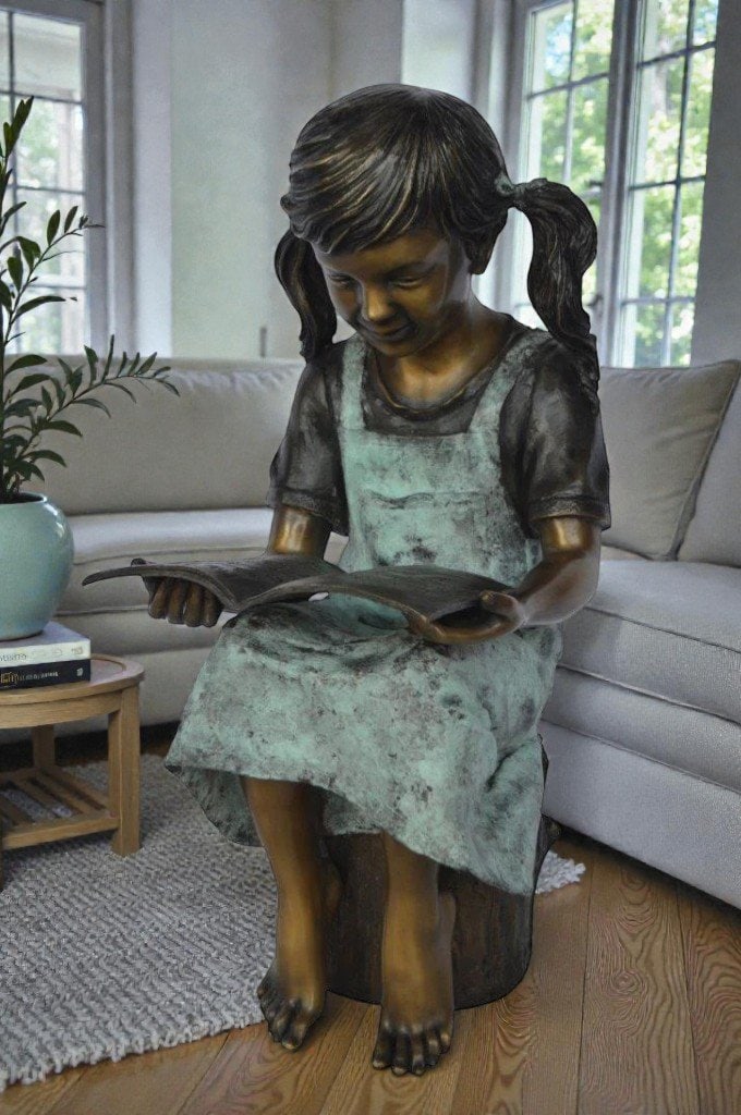 Young girl sitting and reading book bronze statue - Size: 16"L x 12"W x 27"H. - 2