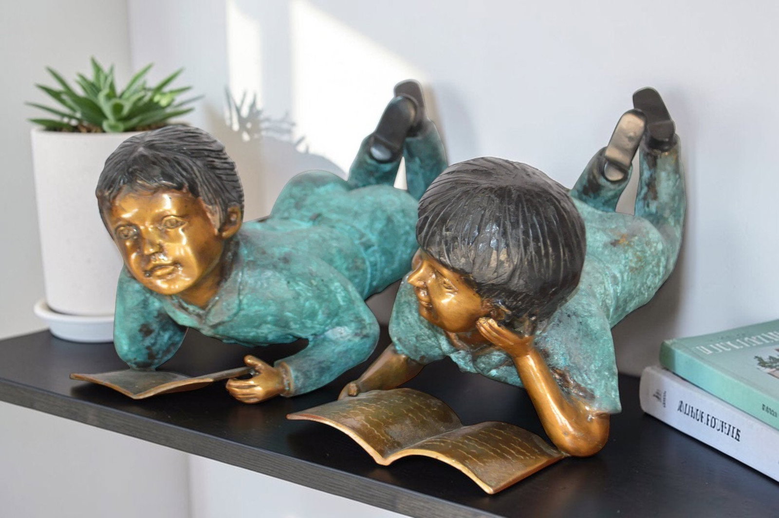 Set of a Boy and a Girl Reading a Book Bronze Statue - Size: 16"L x 7"W x 8"H. - 4