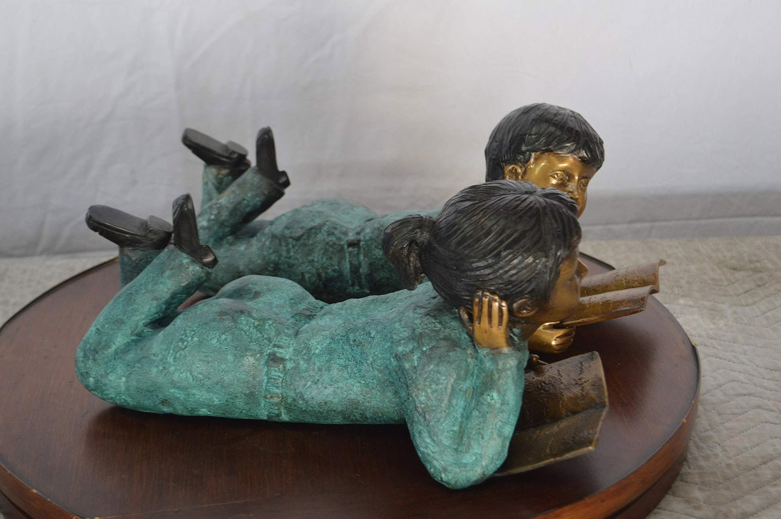 Set of a Boy and a Girl Reading a Book Bronze Statue - Size: 16"L x 7"W x 8"H. - 6