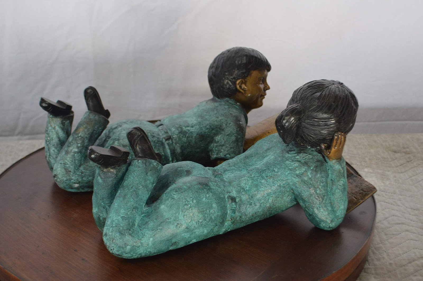Set of a Boy and a Girl Reading a Book Bronze Statue - Size: 16"L x 7"W x 8"H. - 7