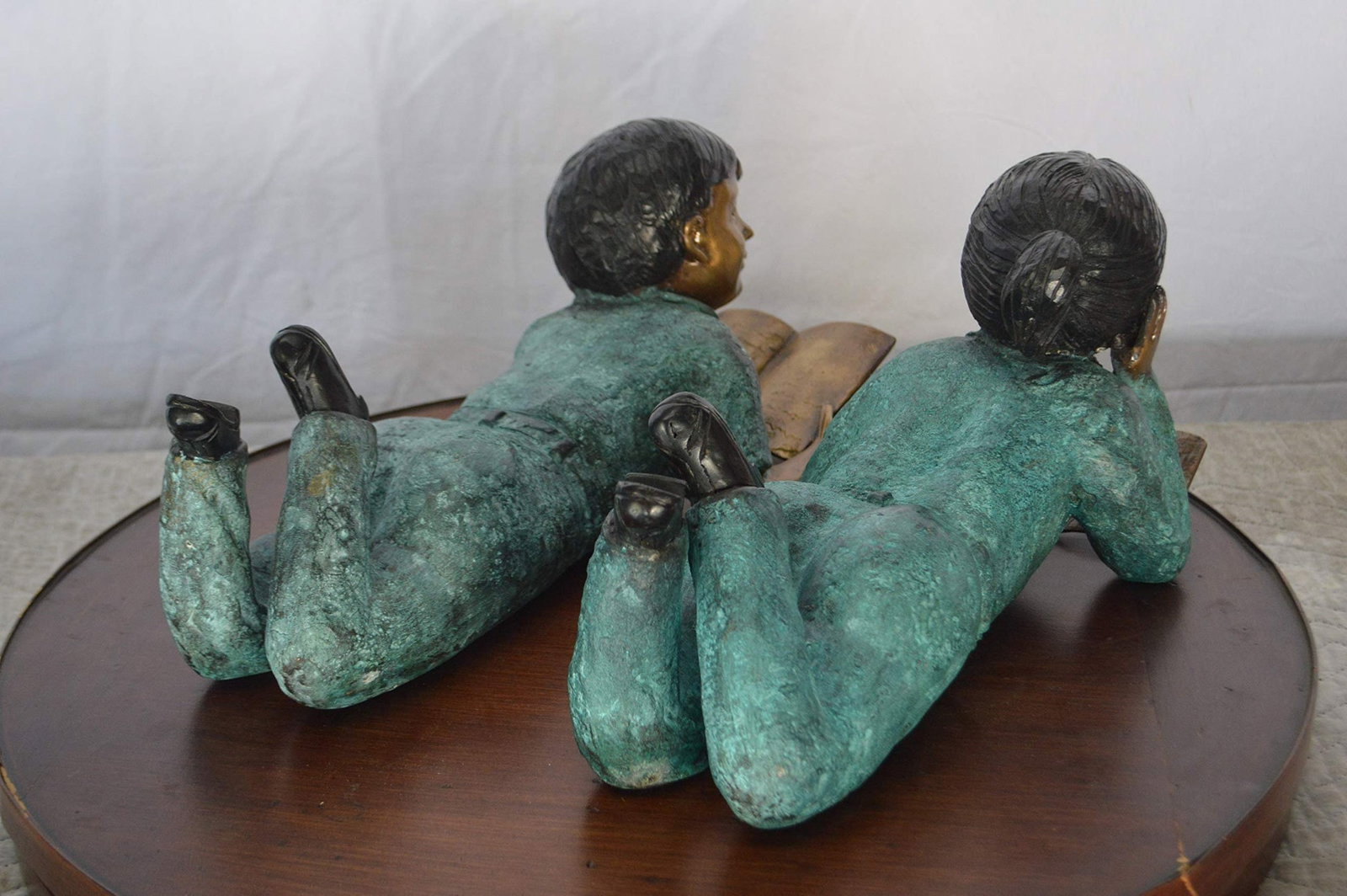 Set of a Boy and a Girl Reading a Book Bronze Statue - Size: 16"L x 7"W x 8"H. - 8