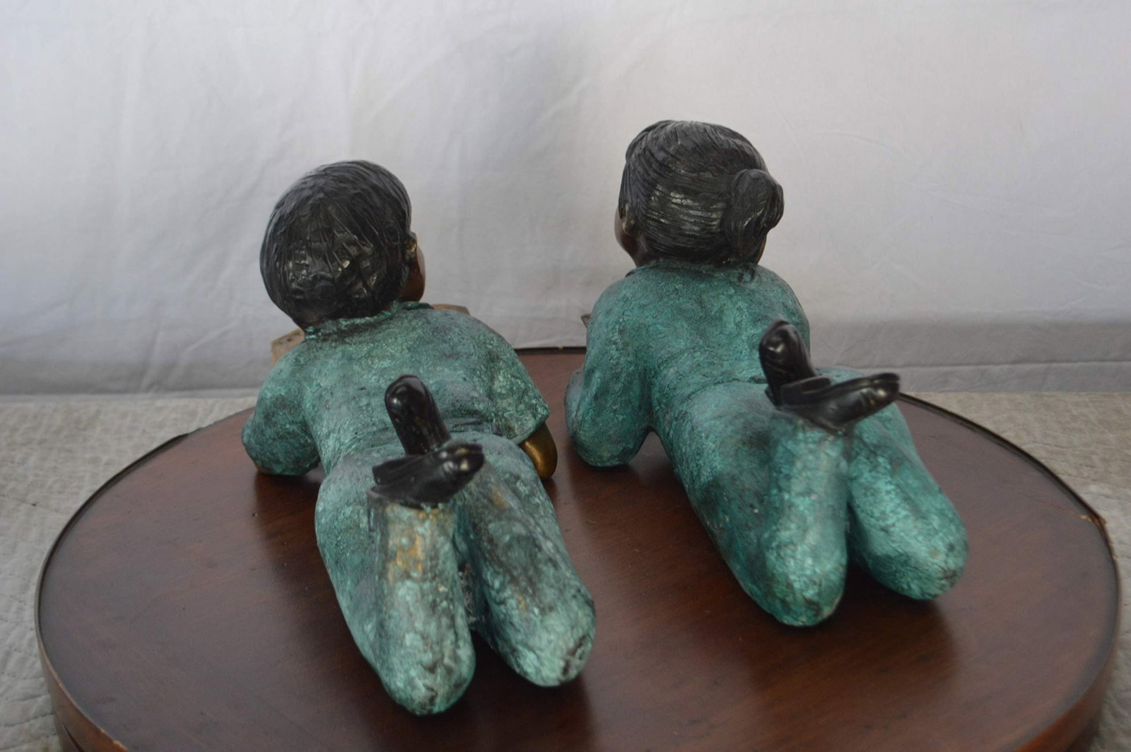 Set of a Boy and a Girl Reading a Book Bronze Statue - Size: 16"L x 7"W x 8"H. - 9