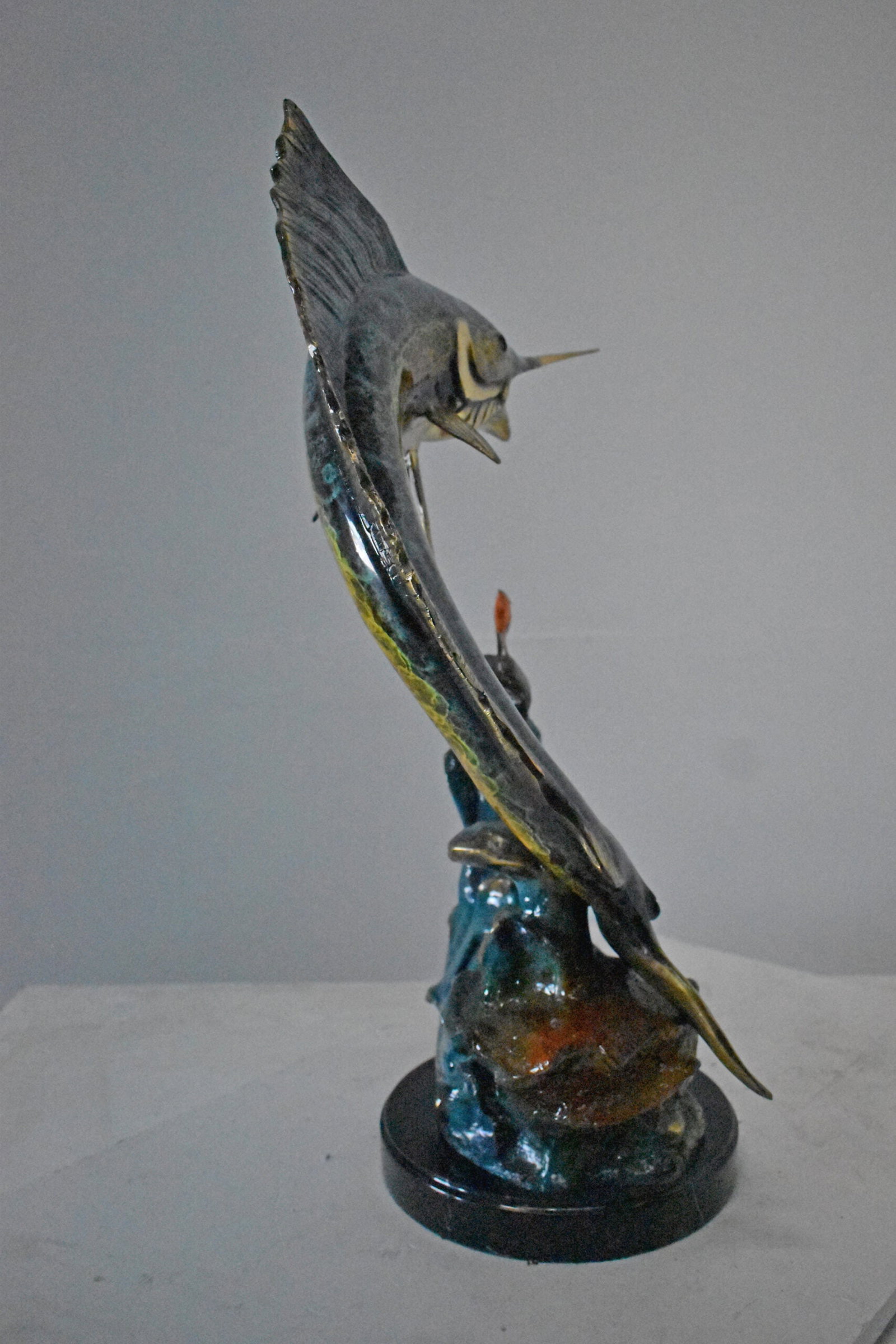 Swordfish with Two Small fish Bronze Statue on Marble - Size: 21"L x 13"W x 28"H - 2