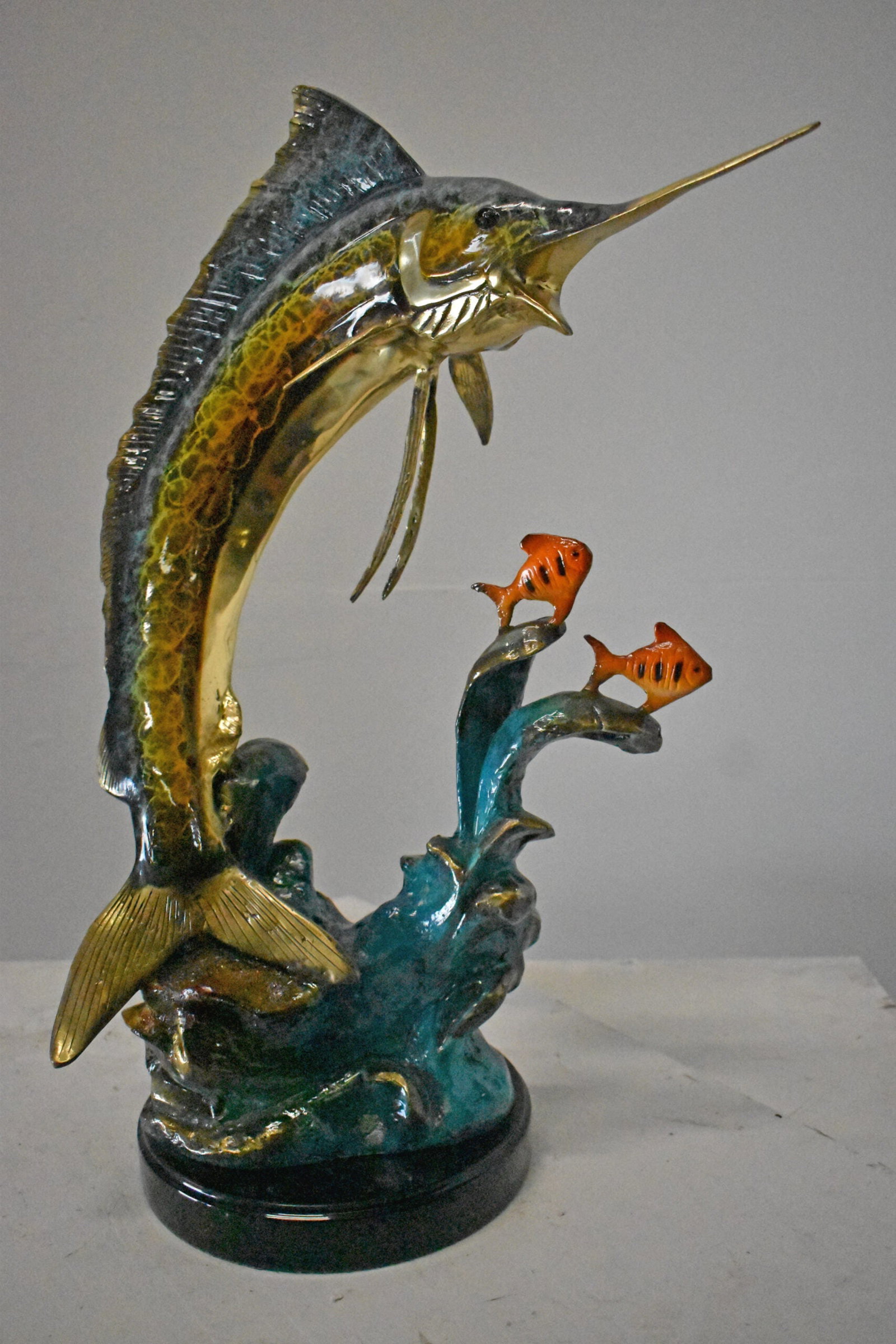 Swordfish with Two Small fish Bronze Statue on Marble - Size: 21"L x 13"W x 28"H - 7