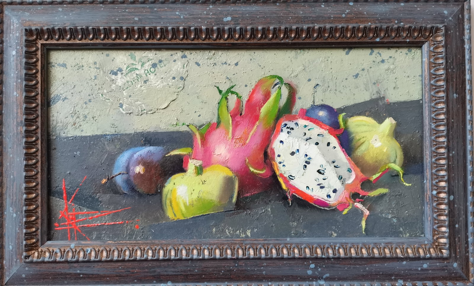 Oil painting Still life with exotic fruits Oksana Kyrylenko: Title: Oil painting Still life with exotic fruits Oksana Kyrylenko Description: 01KOR Painter: Oksana Kyrylenko Size: 16x31 cm/'6x12 inches' Components: oil, canvas Original painting CONDITION: