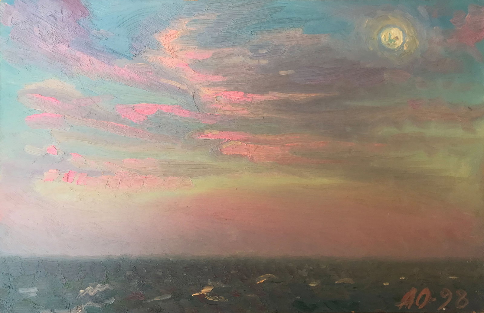 Abstract Oil painting Pink evening at sea Onyshchenko: Title: Abstract Oil painting Pink evening at sea Onyshchenko Description: 11ON Painter: Onyshchenko Anatoly Ivanovich Size: 26.5x42 cm/ 10.43x16.53 inches Components: oil, fiberboard Original painting