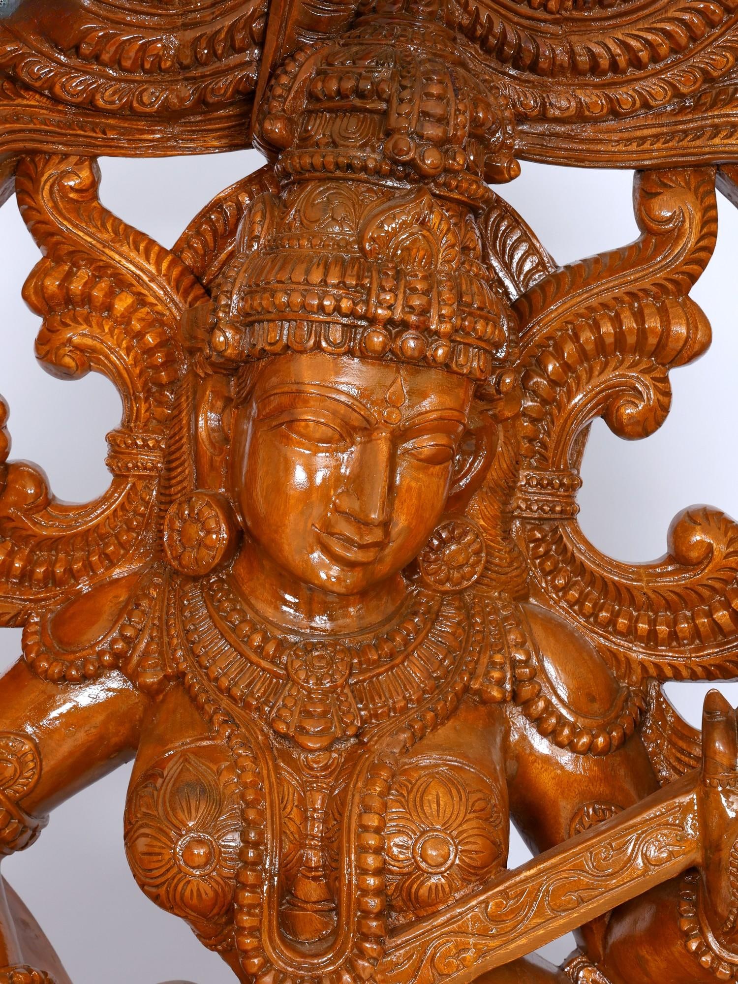 72" Dancing Goddess Saraswati with Kirtimukha Arch / Wood Carving - 2