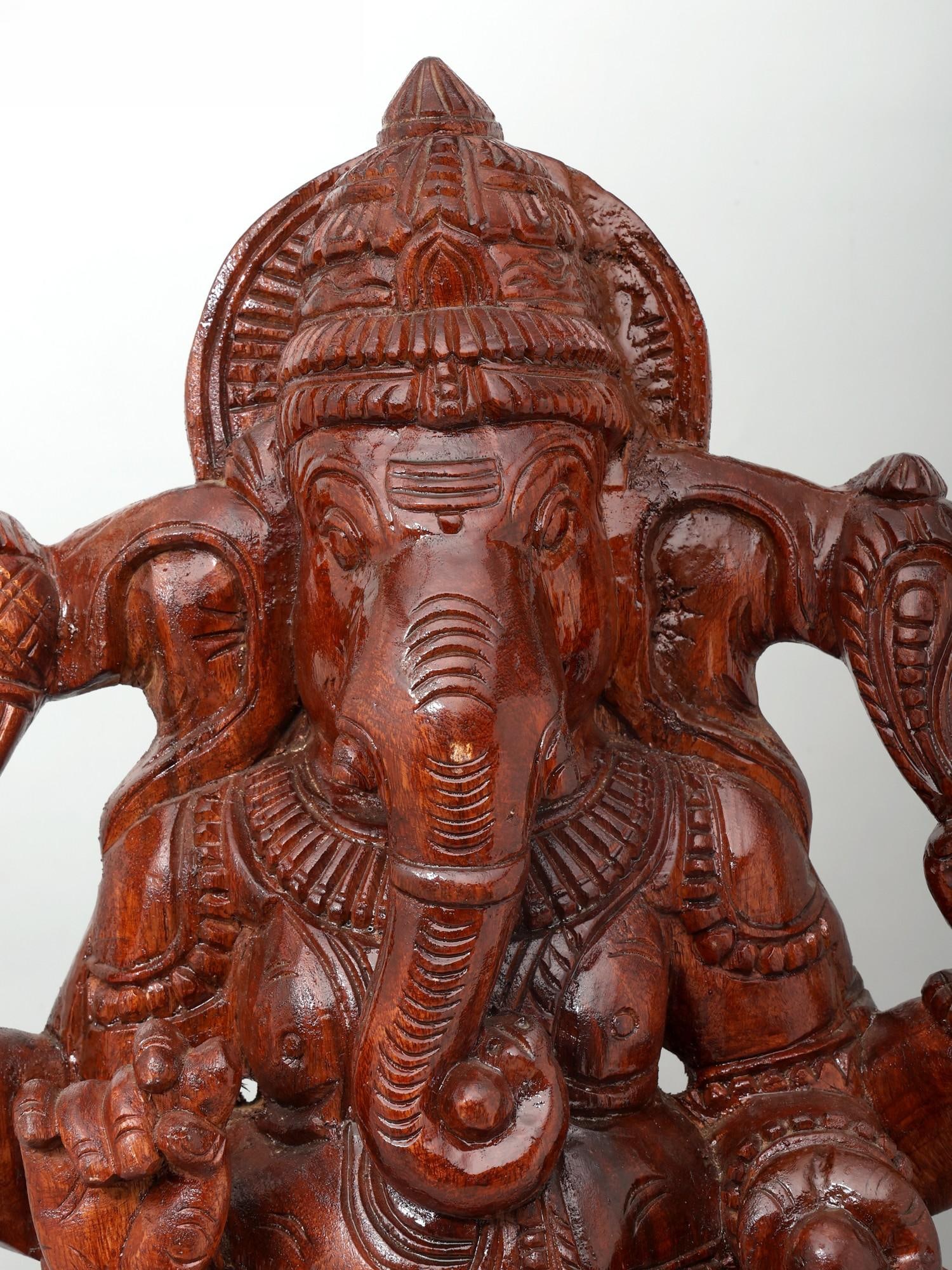 36" Large Four Armed Lord Ganesha Seated on Lotus / Wood Carving - 2