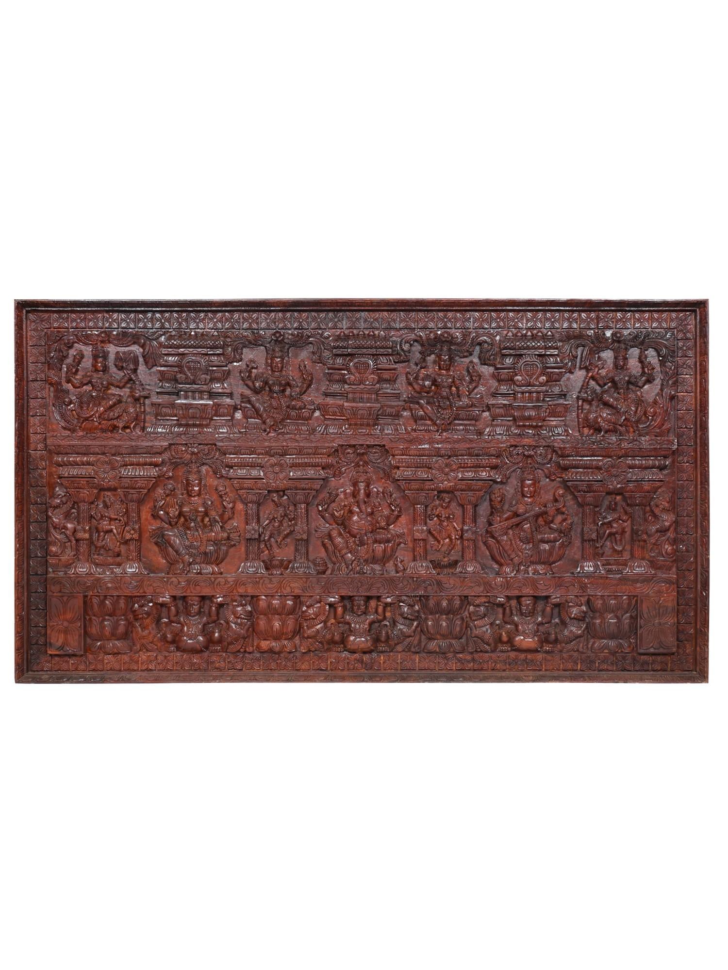 84" Huge Lakshmi Ganesha Saraswati Panel / Wood Carving: Title: 84" Huge Lakshmi Ganesha Saraswati Panel / Wood Carving Description: Additional Information: itemcode: DDO733 Reserve: $2,582.00 Shipping: Domestic: Shipping rates are determined by destination