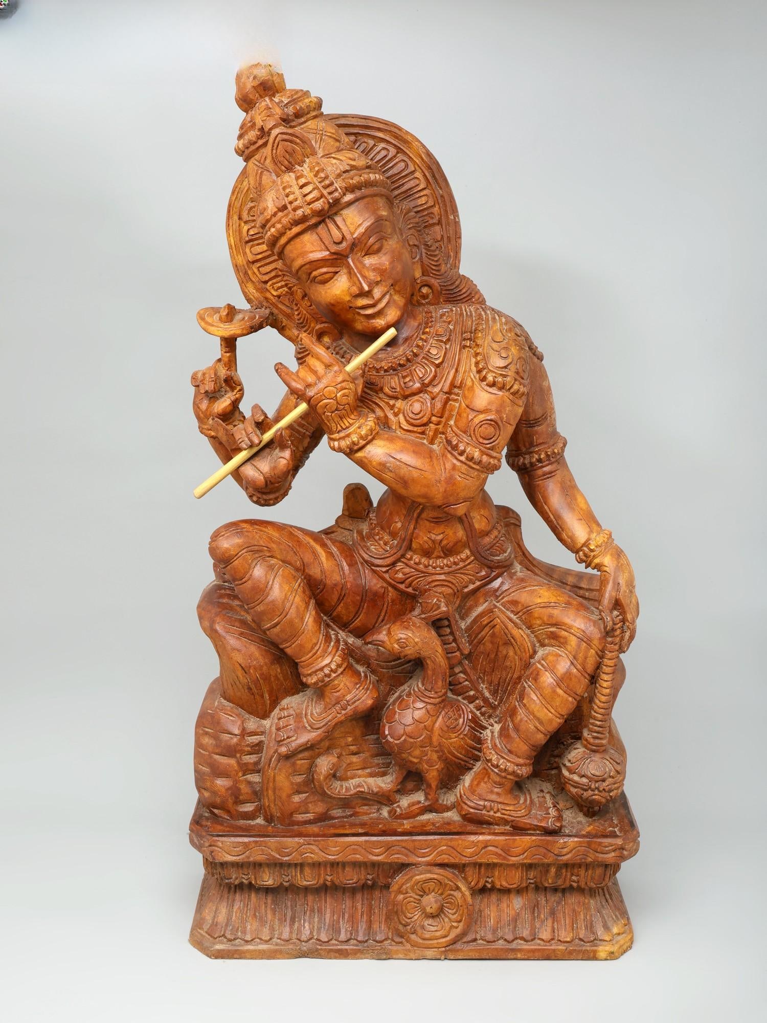 36" Large Four Armed Sitting Lord Krishna Playing Flute / Wood Carving (1 of 2)