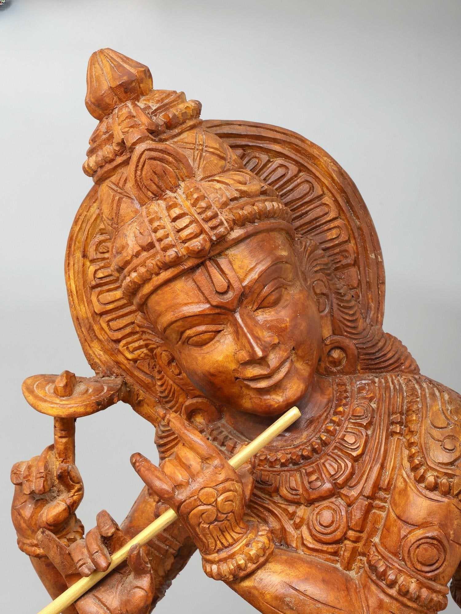 36" Large Four Armed Sitting Lord Krishna Playing Flute / Wood Carving - 2