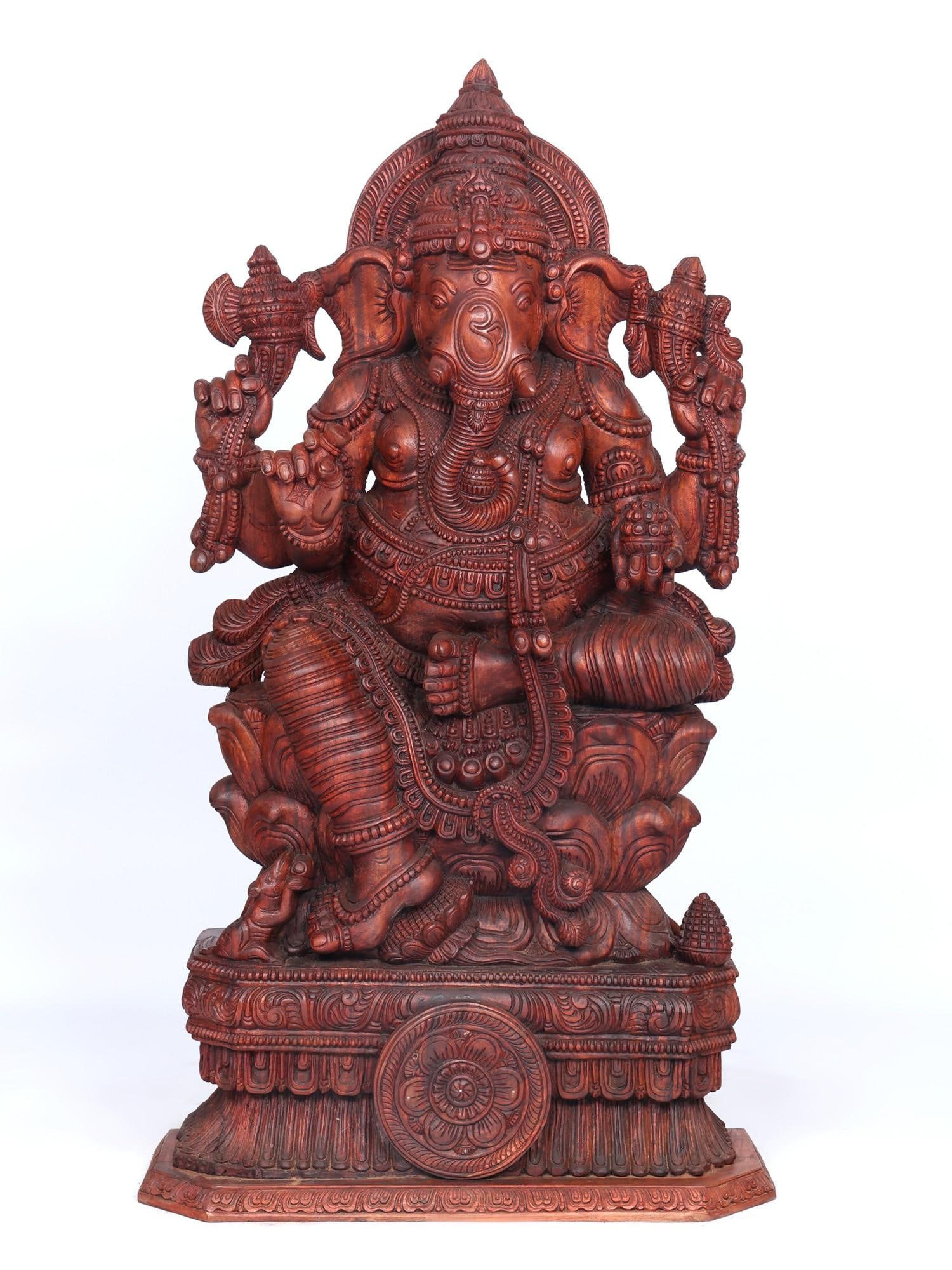65" Large Four Armed Lord Ganesha Seated on Lotus / Wood Carving: Title: 65" Large Four Armed Lord Ganesha Seated on Lotus / Wood Carving Description: Additional Information: itemcode: DDO741 Reserve: $3,410.00 Shipping: Domestic: Shipping rates are determined by de