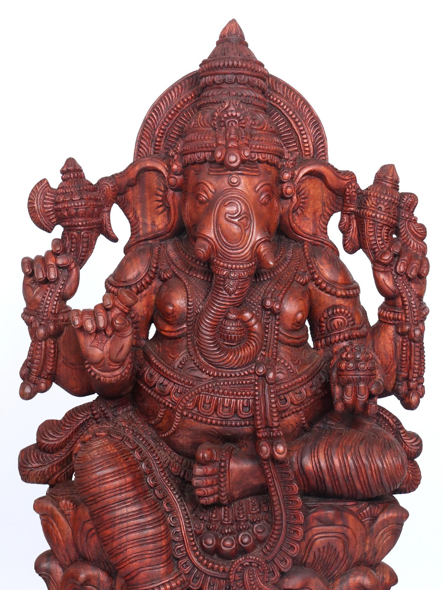 65" Large Four Armed Lord Ganesha Seated on Lotus / Wood Carving - 2