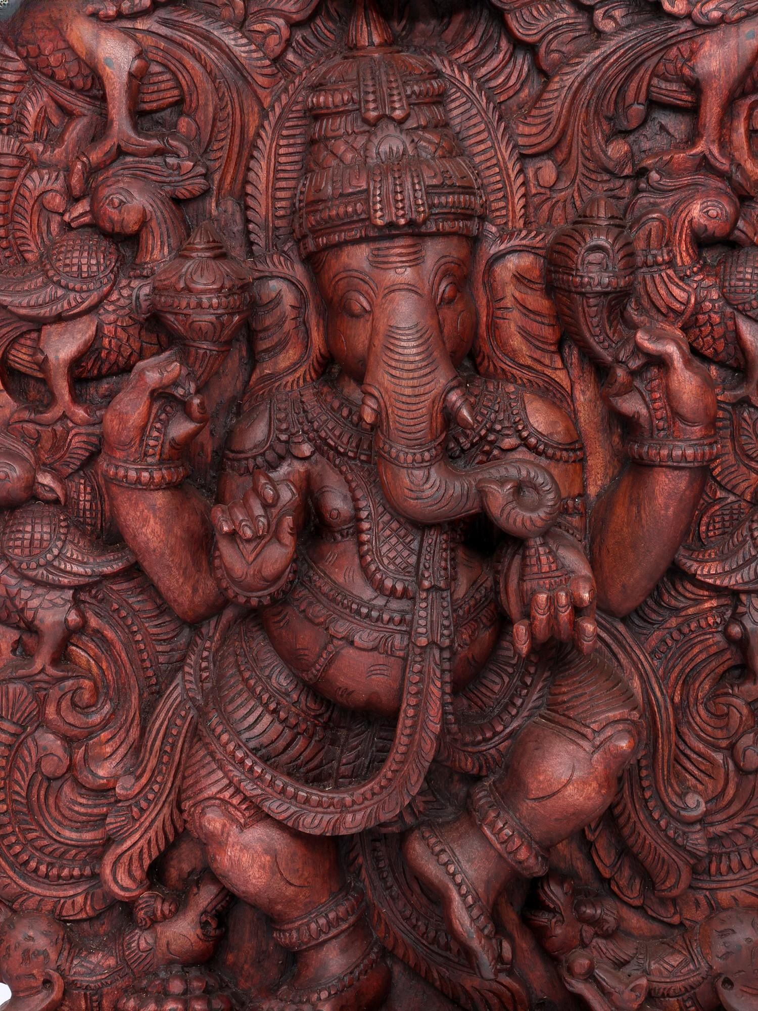 48" Large Dancing Lord Ganesha with Beautiful Peacocks Arch / Wood Carving - 2