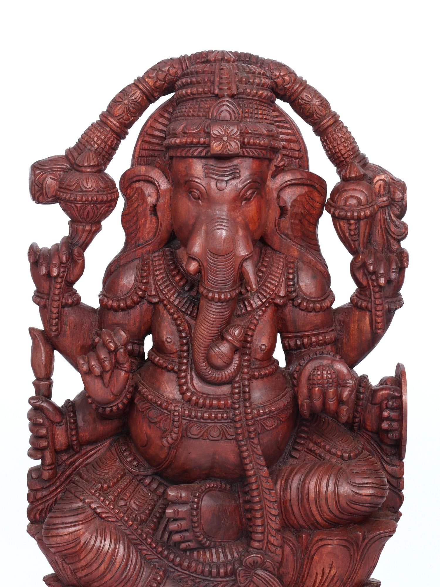 48" Large Four Armed Sitting Lord Ganesha / Wood Carving - 2