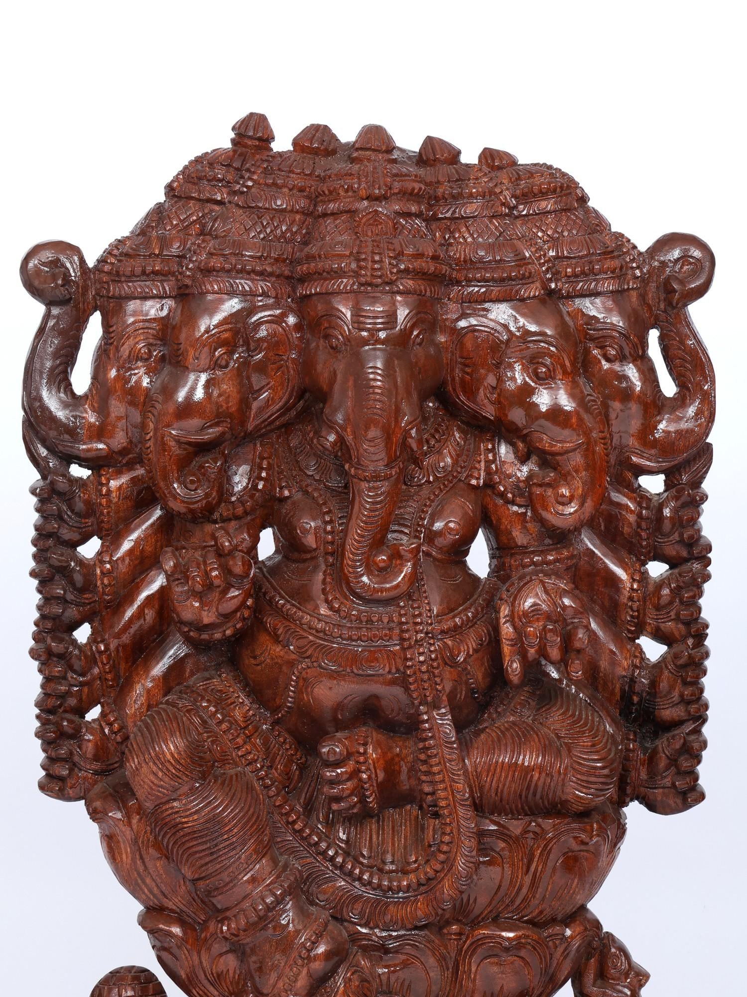 48" Large Ten Armed Panchamukhi Lord Ganesha / Wood Carving - 2