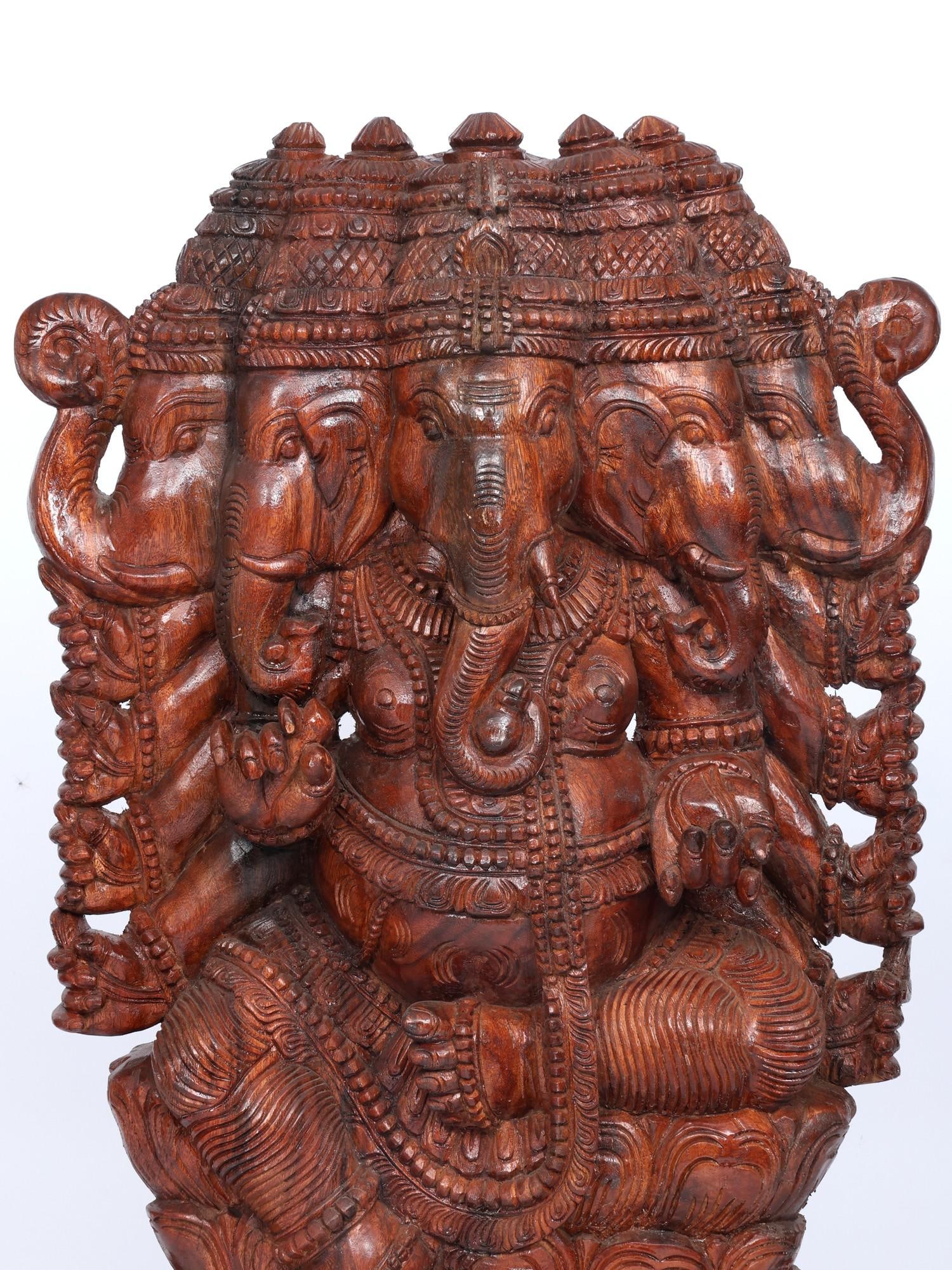 48" Ten Hands Panchamukhi Lord Ganesha / Wood Carving - 2