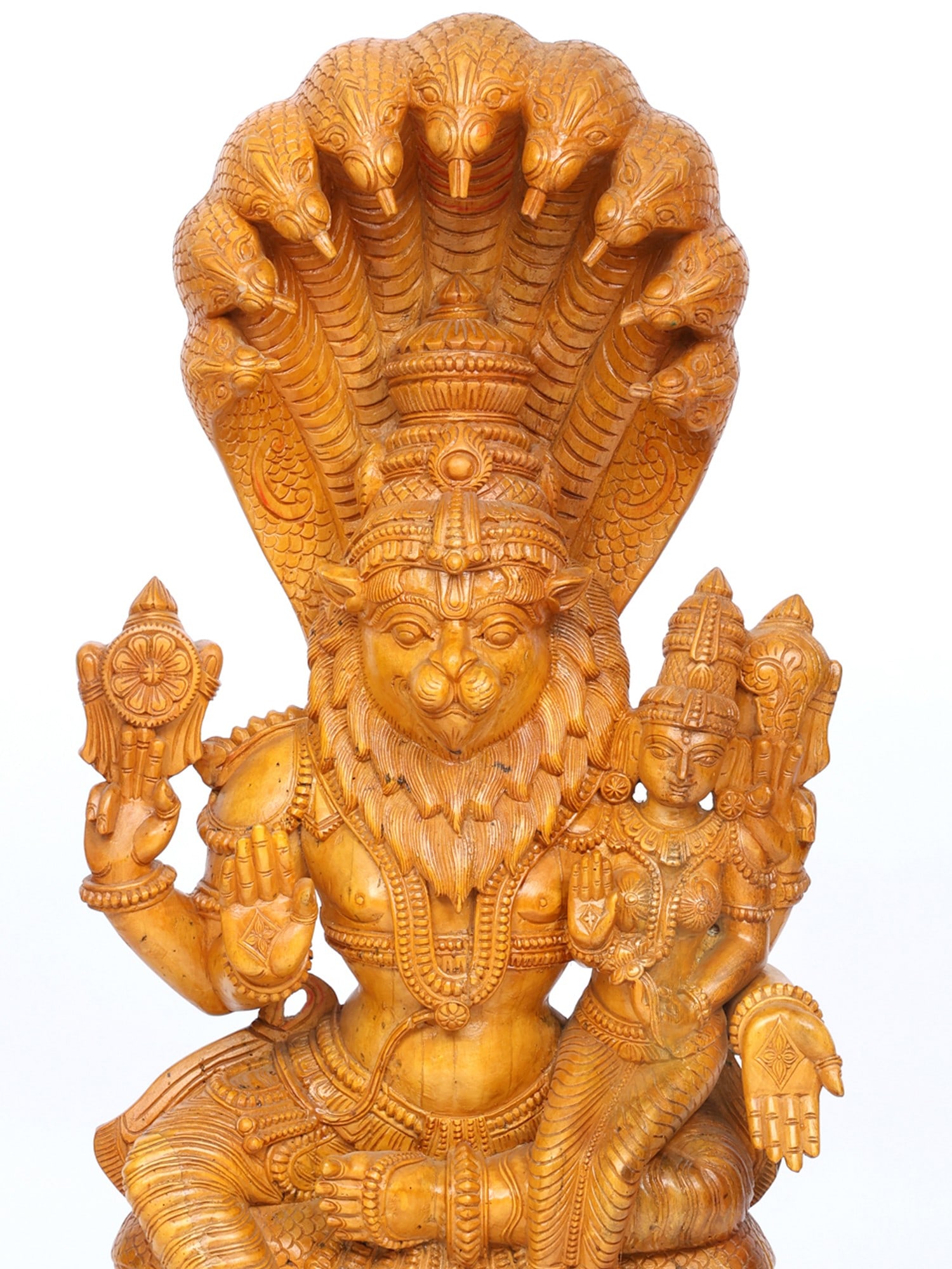 46" Lord Narasimha Seated on Sheshnag with Devi Lakshmi / Wood Carving - 2