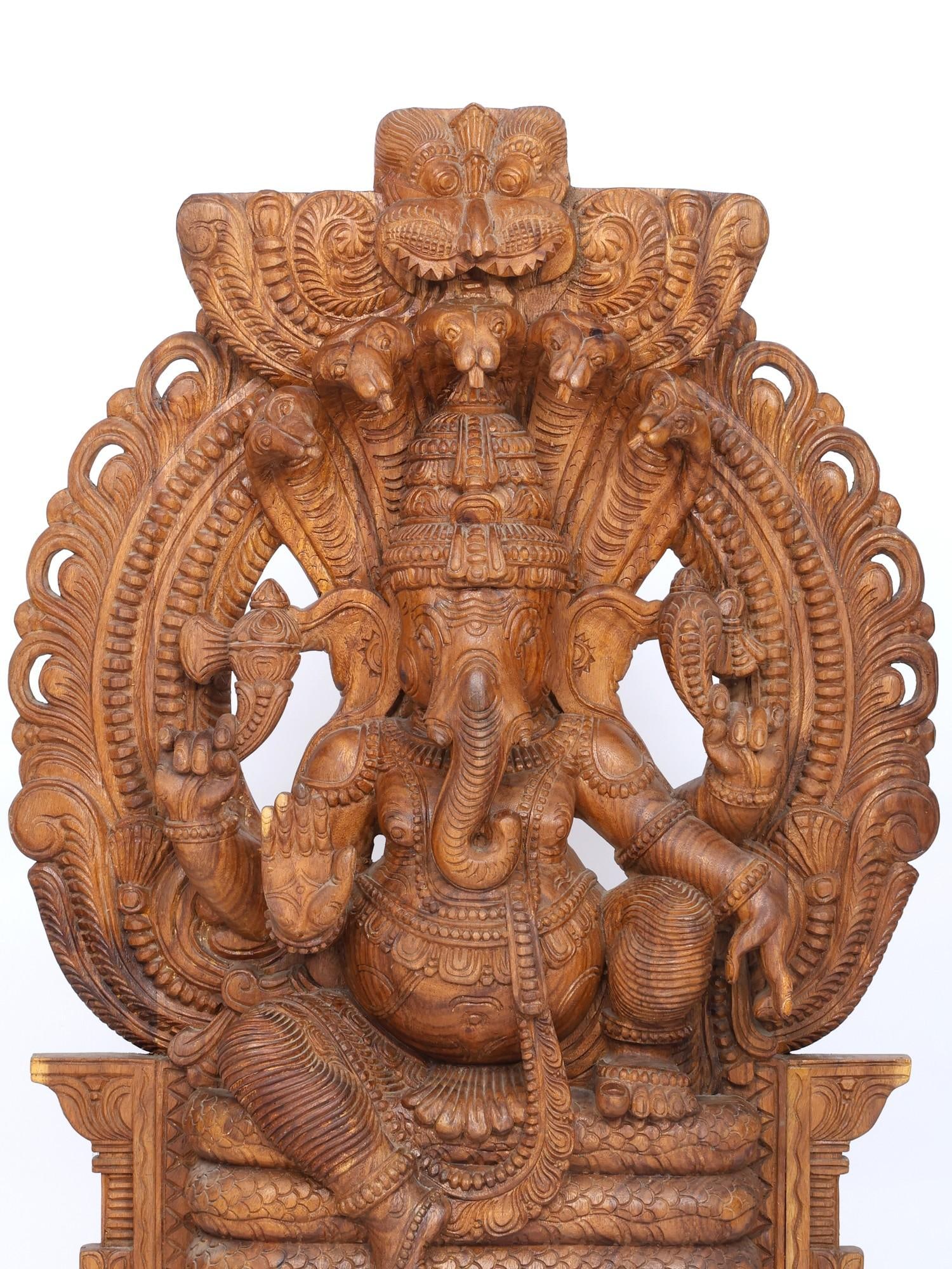 48" Large Lord Ganesha Seated on Sheshnag with Kirtimukha Arch / Wood Carving - 2