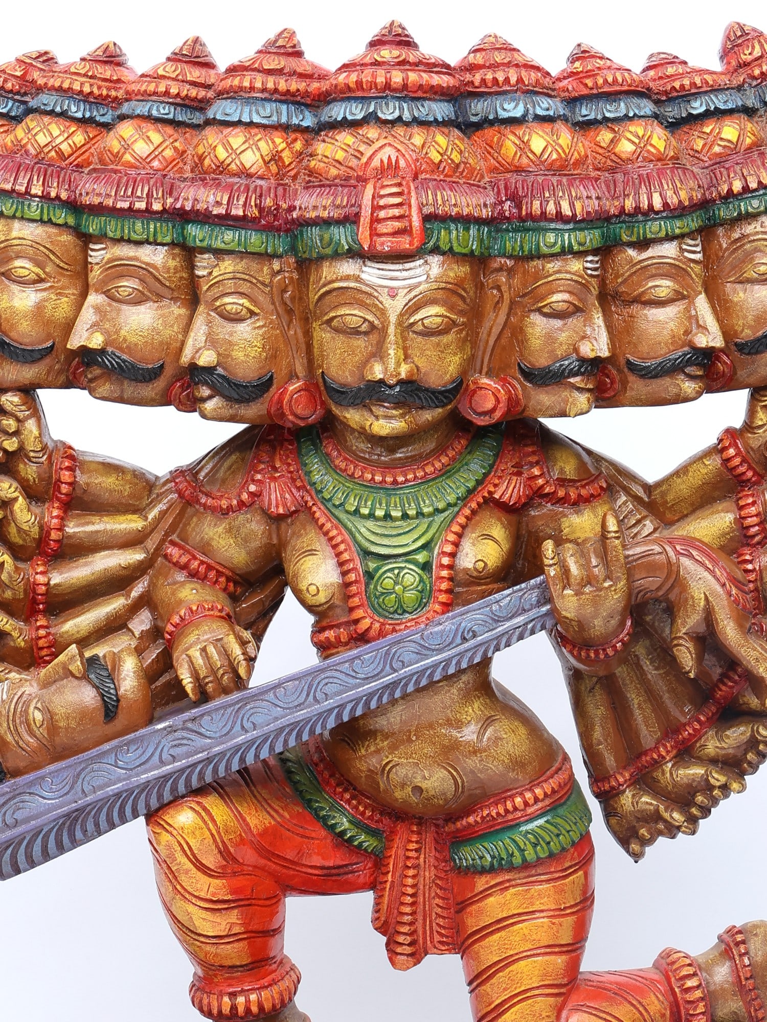 36" Large Ravana Offering Tenth Head as a Veena to Bhagawan Shiva / Wood Carved Statue - 2