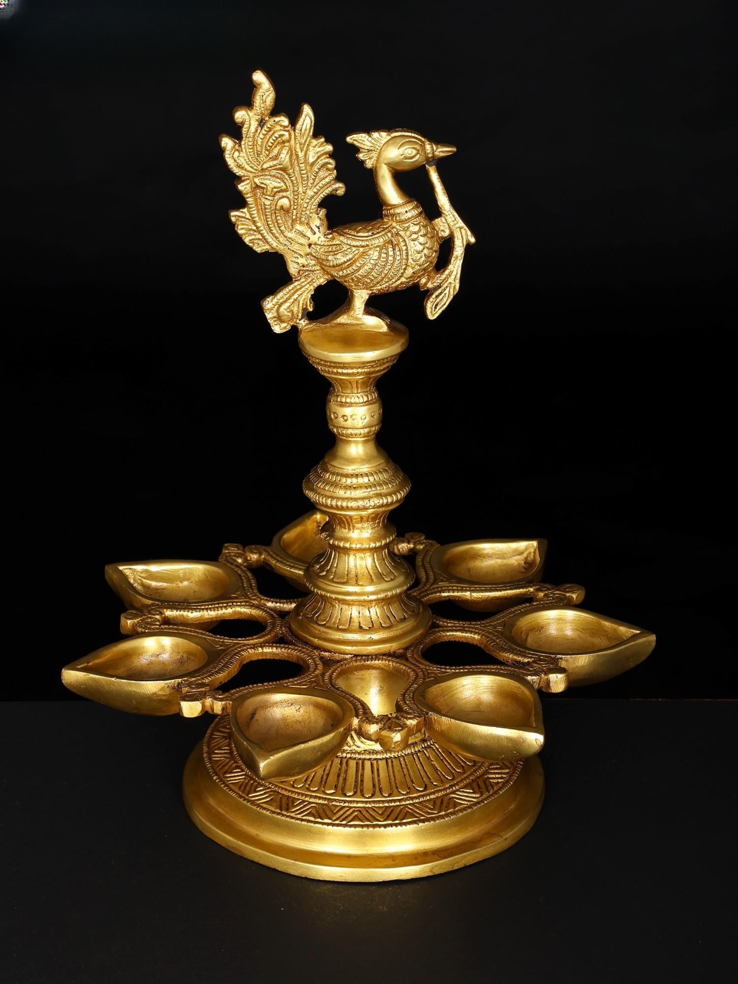 12" Brass Seven Wicks Peacock Lamp - 2