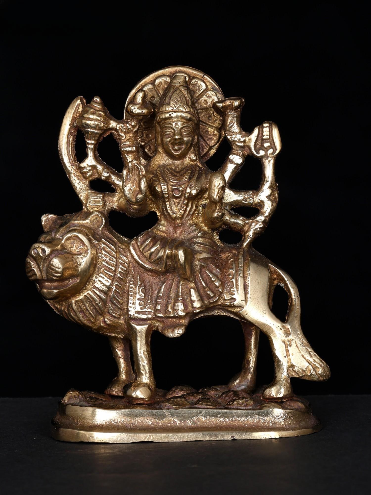4" Small Sherawali Maa (Goddess Durga) / Brass Statue (1 of 2)