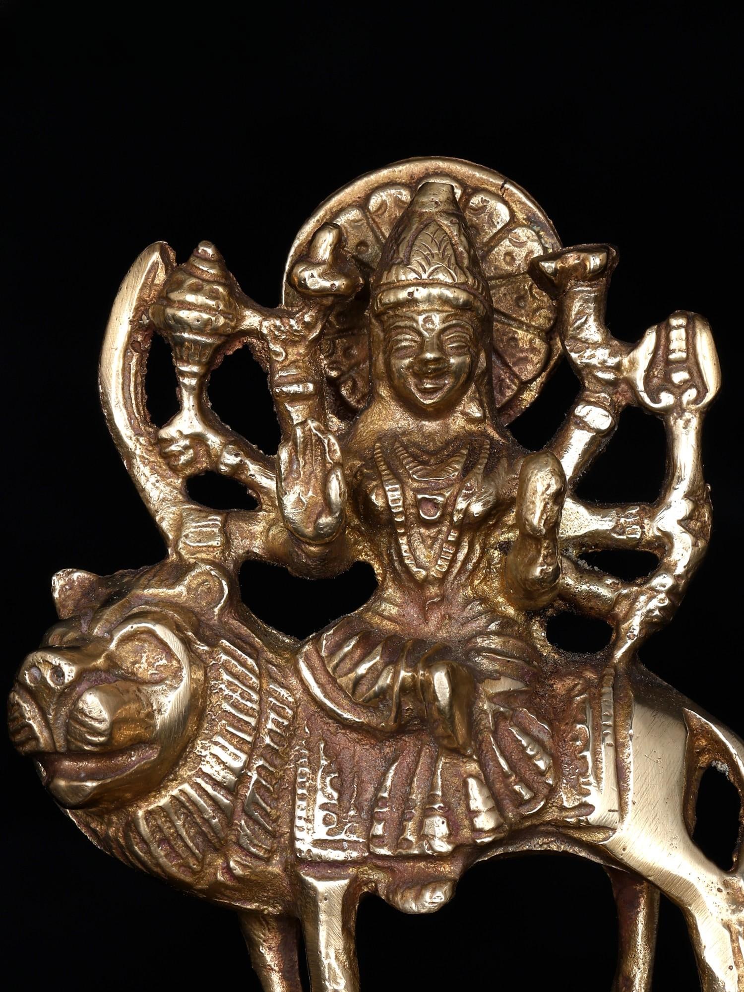4" Small Sherawali Maa (Goddess Durga) / Brass Statue - 2