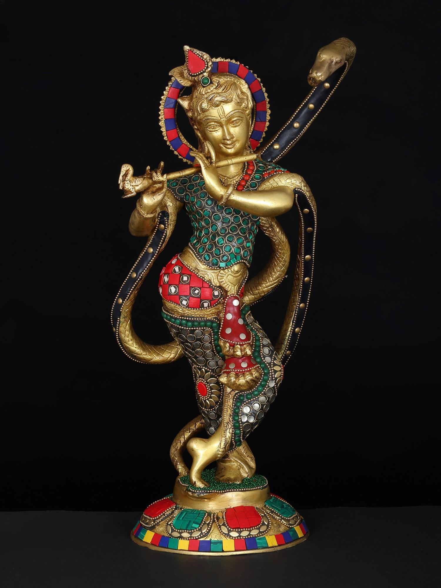 15" Shri Krishna and Kaliya / Brass Statue with Inlay Work: Title: 15" Shri Krishna and Kaliya / Brass Statue with Inlay Work Description: Additional Information: itemcode: DDO960 Reserve: $383.00 Shipping: Domestic: Shipping rates are determined by destinatio