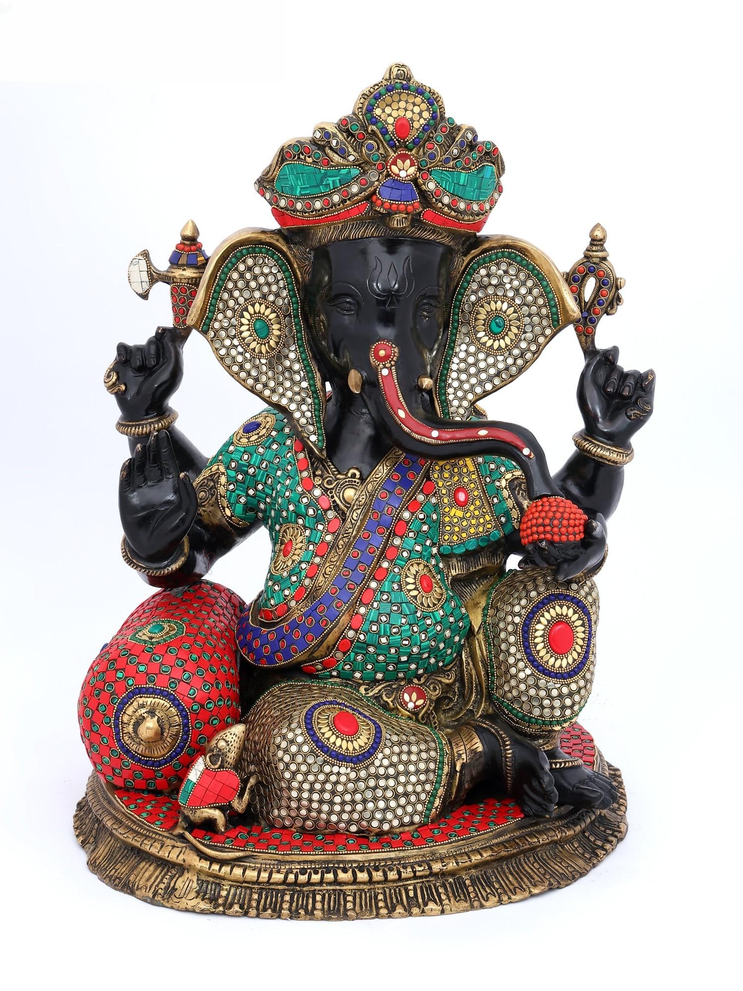 22" Sitting Chaturbhuja Lord Ganesha in Blessing Gesture / Brass Statue with Inlay Work: Title: 22" Sitting Chaturbhuja Lord Ganesha in Blessing Gesture / Brass Statue with Inlay Work Description: Additional Information: itemcode: DDO961 Reserve: $2,375.00 Shipping: Domestic: Shipping rat