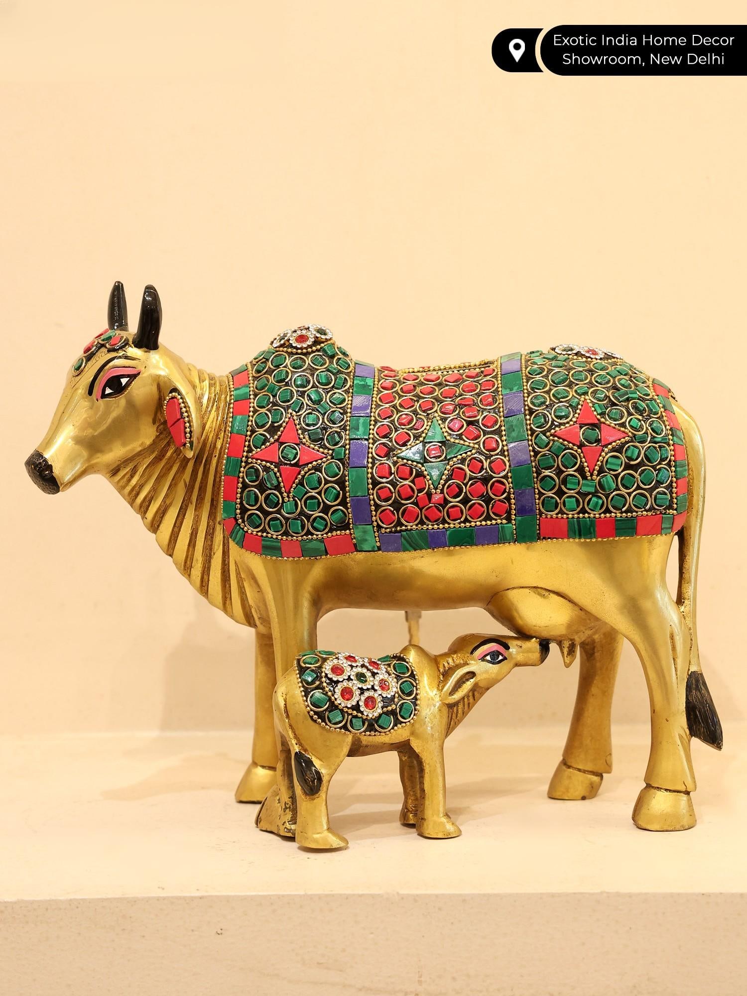 10" Brass Cow and Calf Gullak / Brass Statue with Inlay Work - 2