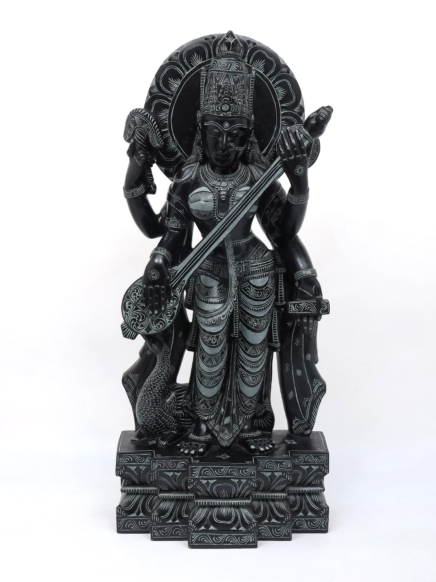 32" Large Standing Goddess Saraswati Playing Veena / Sand Stone Statue from the land of Lord: Title: 32" Large Standing Goddess Saraswati Playing Veena / Sand Stone Statue from the land of Lord Jagannath, Orissa Description: Additional Information: itemcode: DDO997 Reserve: $2,479.00 Shipping:
