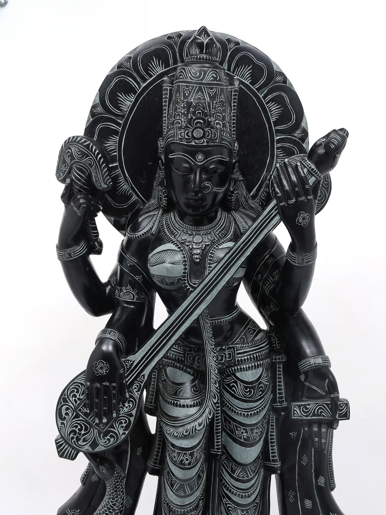 32" Large Standing Goddess Saraswati Playing Veena / Sand Stone Statue from the land of Lord - 2
