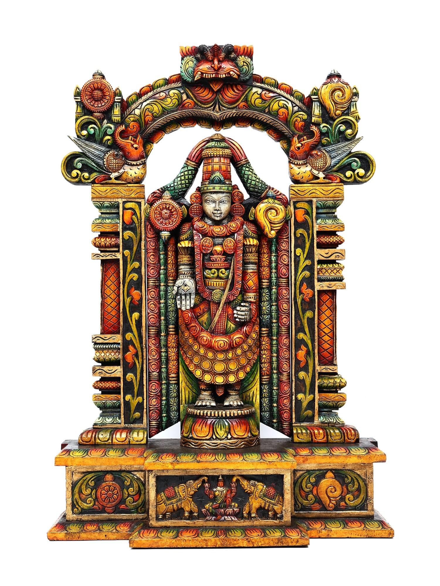 42" Large Colorful Tirupati Balaji (Venkateshvara) with Kirtimukha Arch / Wood Carving: Title: 42" Large Colorful Tirupati Balaji (Venkateshvara) with Kirtimukha Arch / Wood Carving Description: Additional Information: itemcode: DDP002 Reserve: $1,754.00 Shipping: Domestic: Shipping rate
