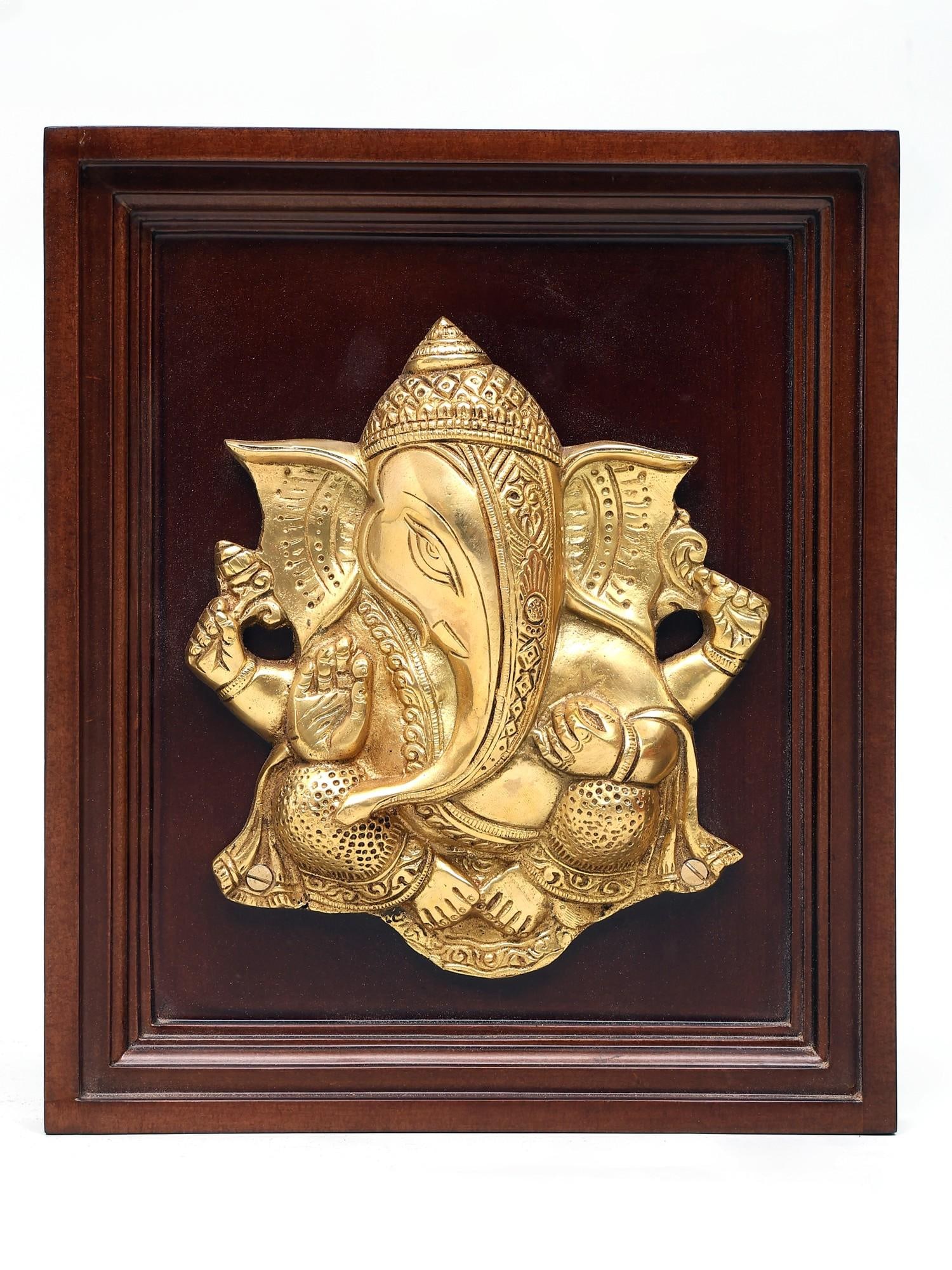 12" Blessing Lord Ganesha / Wood Framed Brass Sculpture / Wall Hanging: Title: 12" Blessing Lord Ganesha / Wood Framed Brass Sculpture / Wall Hanging Description: Additional Information: itemcode: DDP057 Reserve: $150.00 Shipping: Domestic: Shipping rates are determined